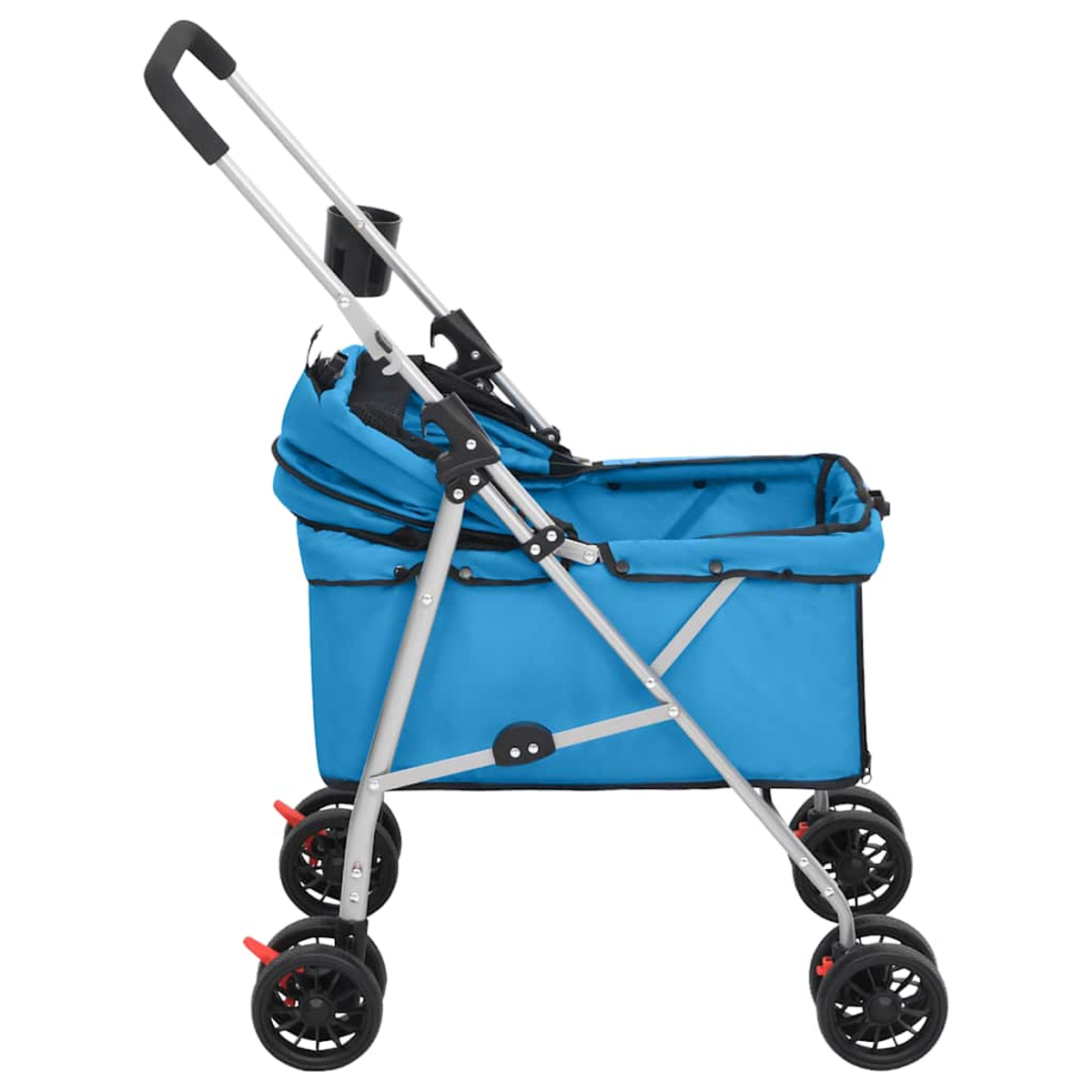 Ein blauer Kinderwagen für Haustiere mit silbernem Rahmen und schwarzen Rädern.