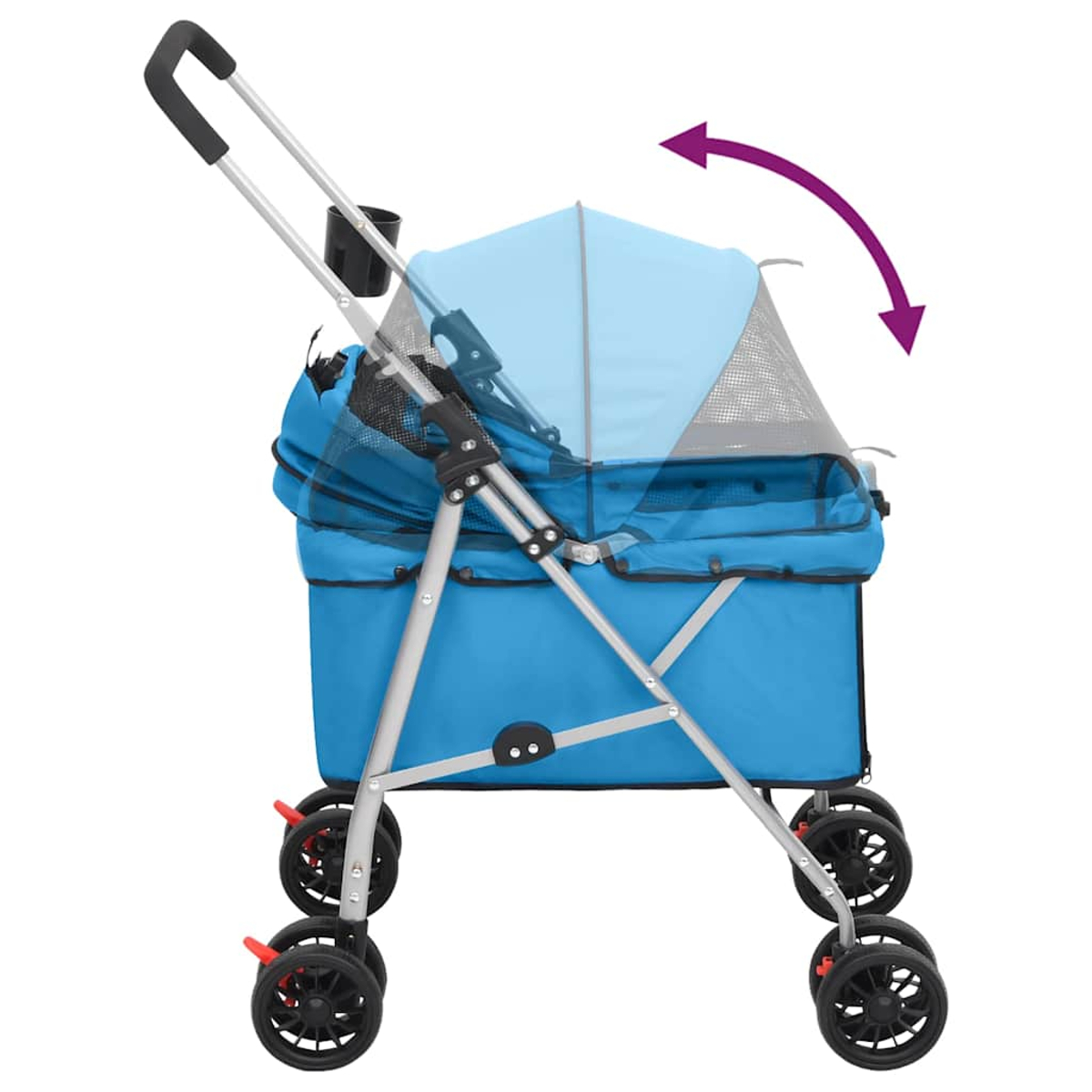 Ein blauer Haustierwagen mit verstellbarem Verdeck und Griff.