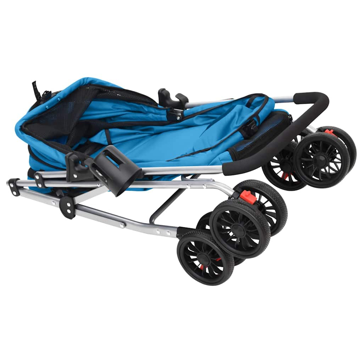Ein zusammengeklappter blauer Kinderwagen mit silbernem Rahmen und schwarzen Rädern.