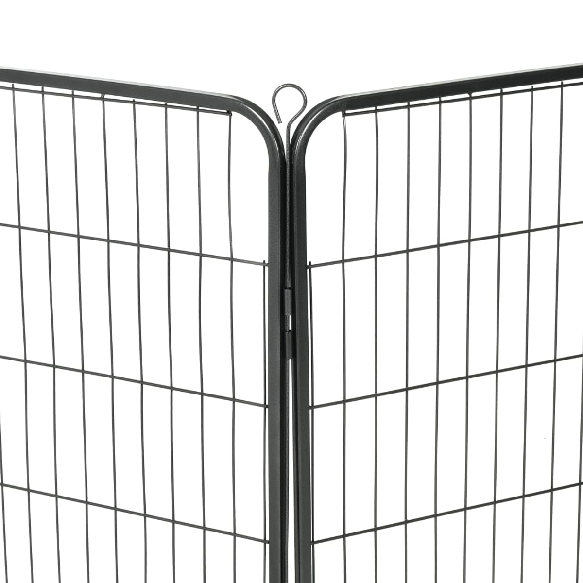 Ein schwarzer Metallzaun mit rechteckigen Maschen, verbunden durch ein Scharnier.