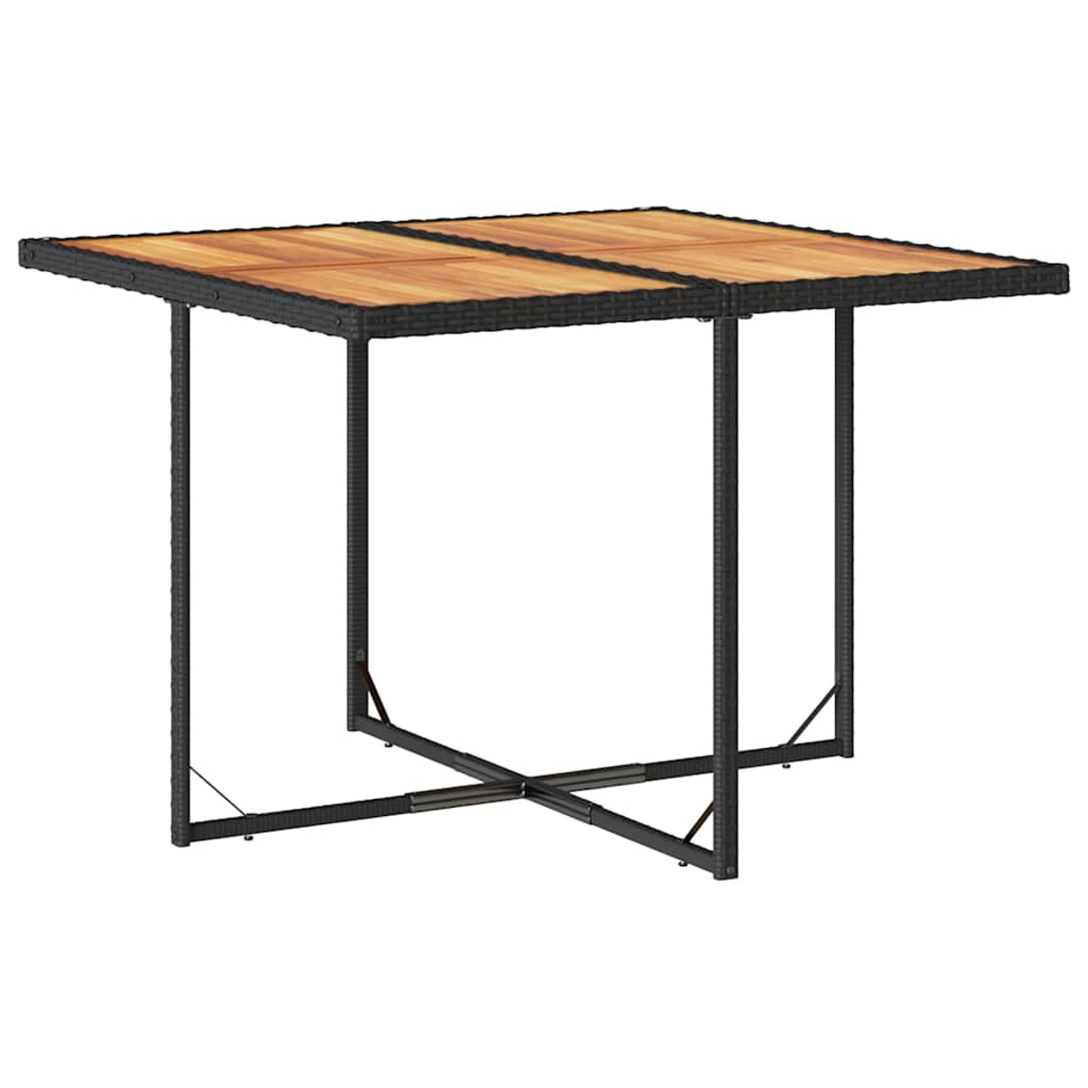 Ein rechteckiger Tisch mit Holzlatten und schwarzem Rattangeflecht.