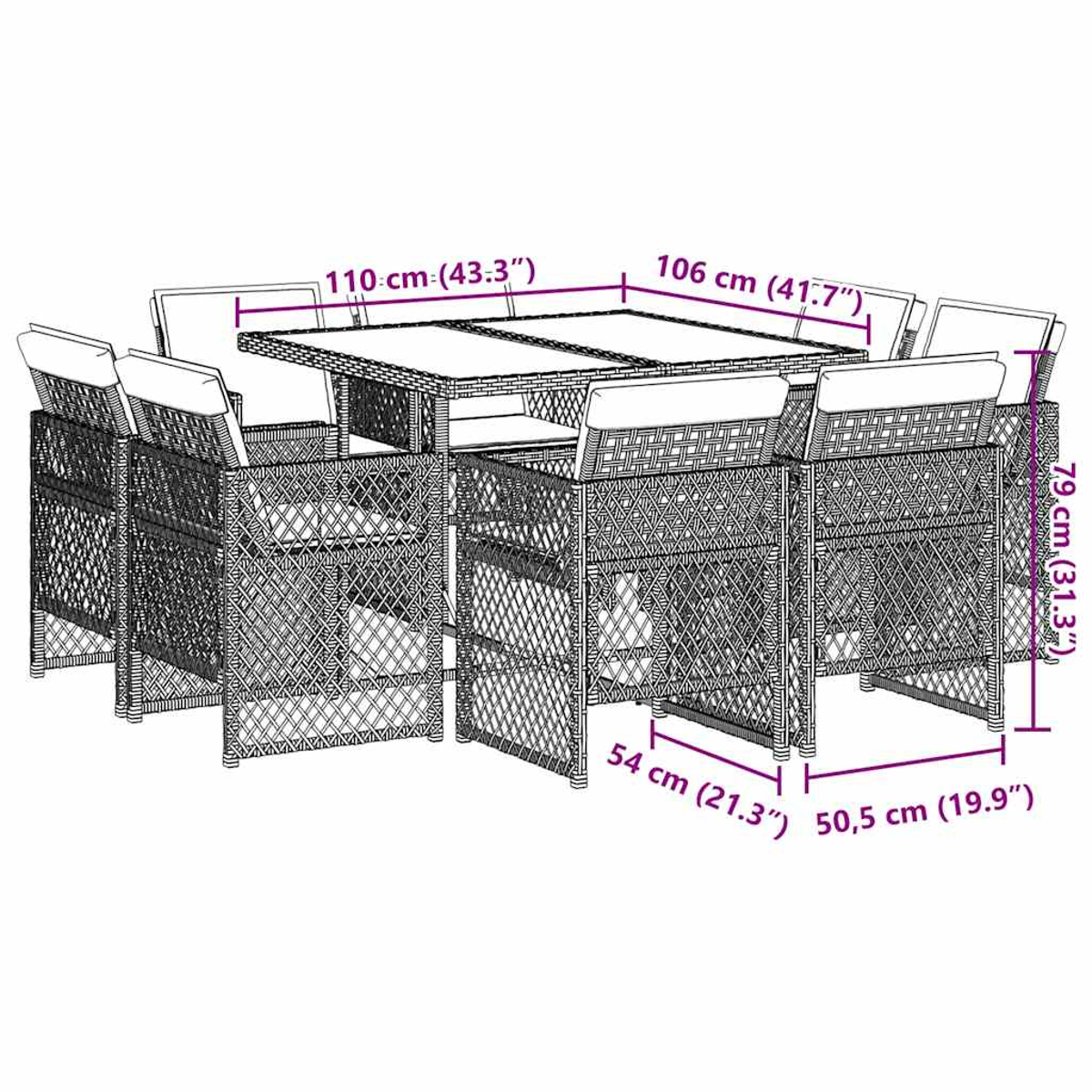 Ein Rattan-Gartentisch mit acht Stühlen, Maße sind auf dem Bild angegeben.