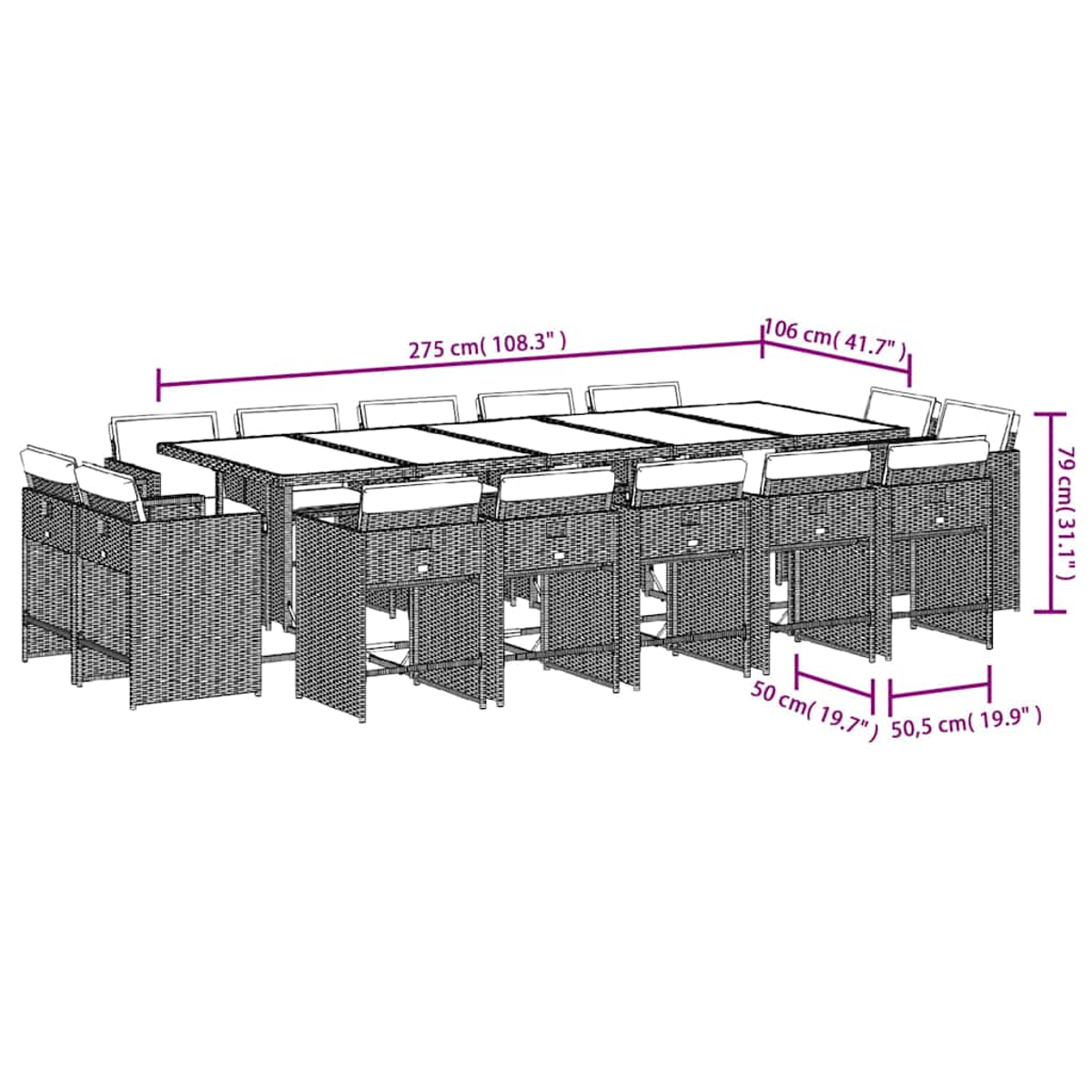 Geflochtenes Outdoor-Möbelset: Tisch (275cm) und 10 Stühle. Grau.