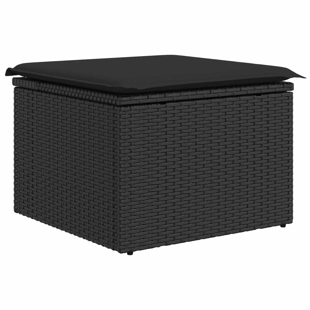 Ein schwarzer Rattanstuhl-Aufbewahrungsbox mit Kissen.