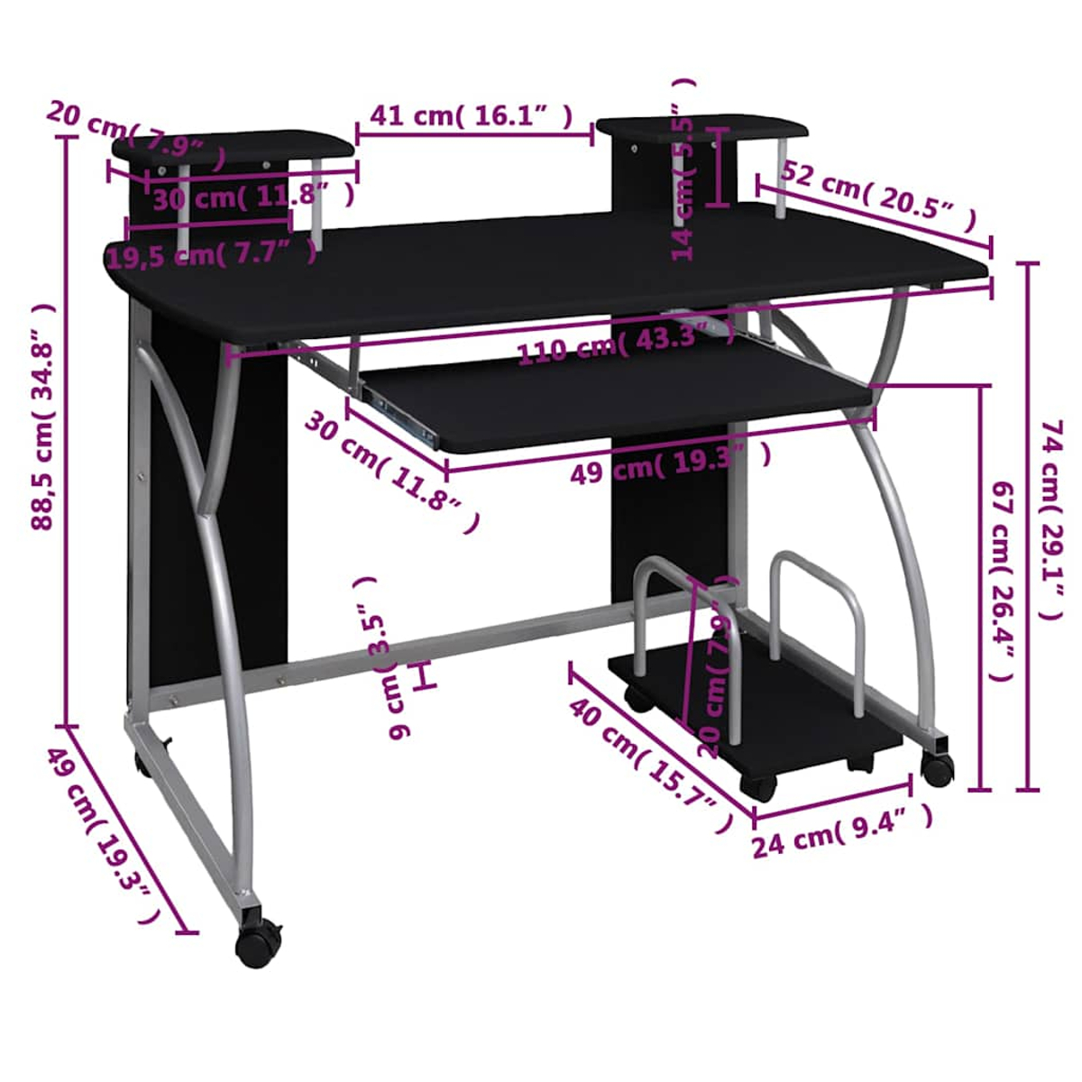 Schwarzer Computertisch mit Maßen, Tastaturablage und Rollen.