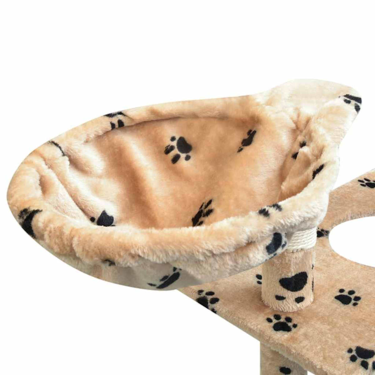 Ein beiger Katzenbaum mit Pfotenabdrücken und einer Hängematte.