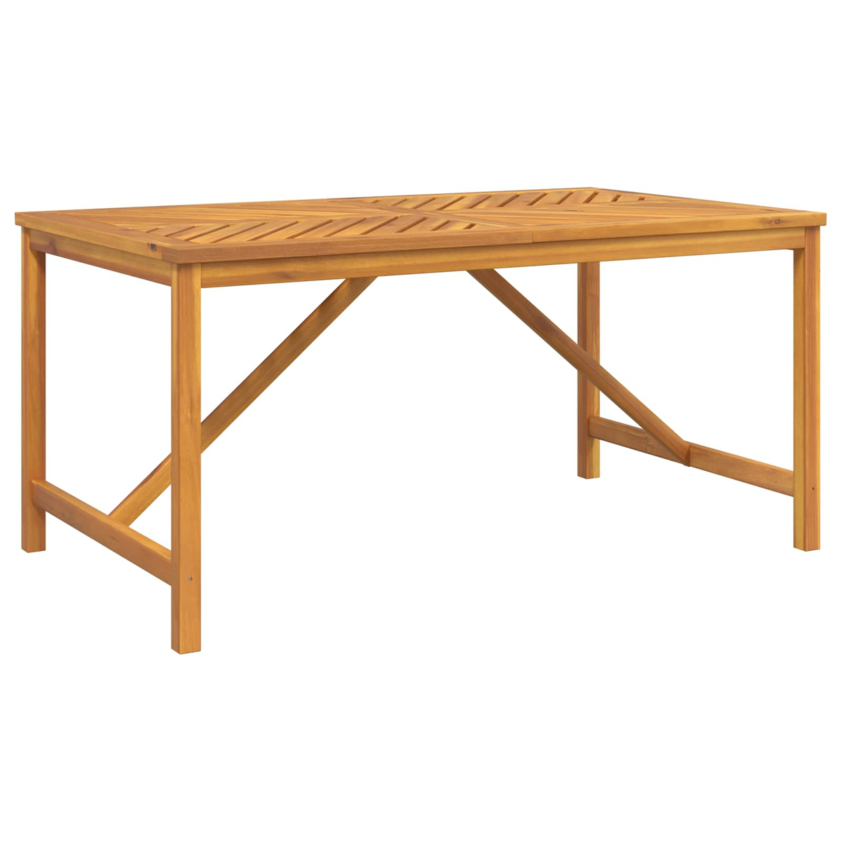 Ein rechteckiger Holztisch mit Lamellenoberfläche und gekreuzten Beinen.