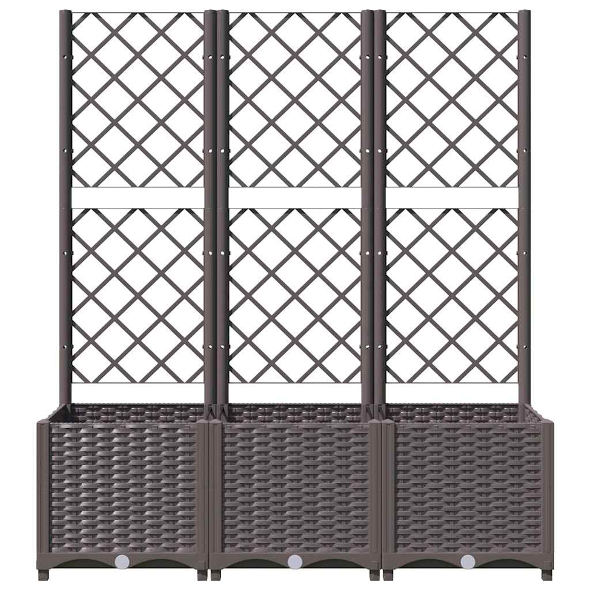 Braune rechteckige Pflanzkästen mit Gitteraufsätzen im Rattan-Look.