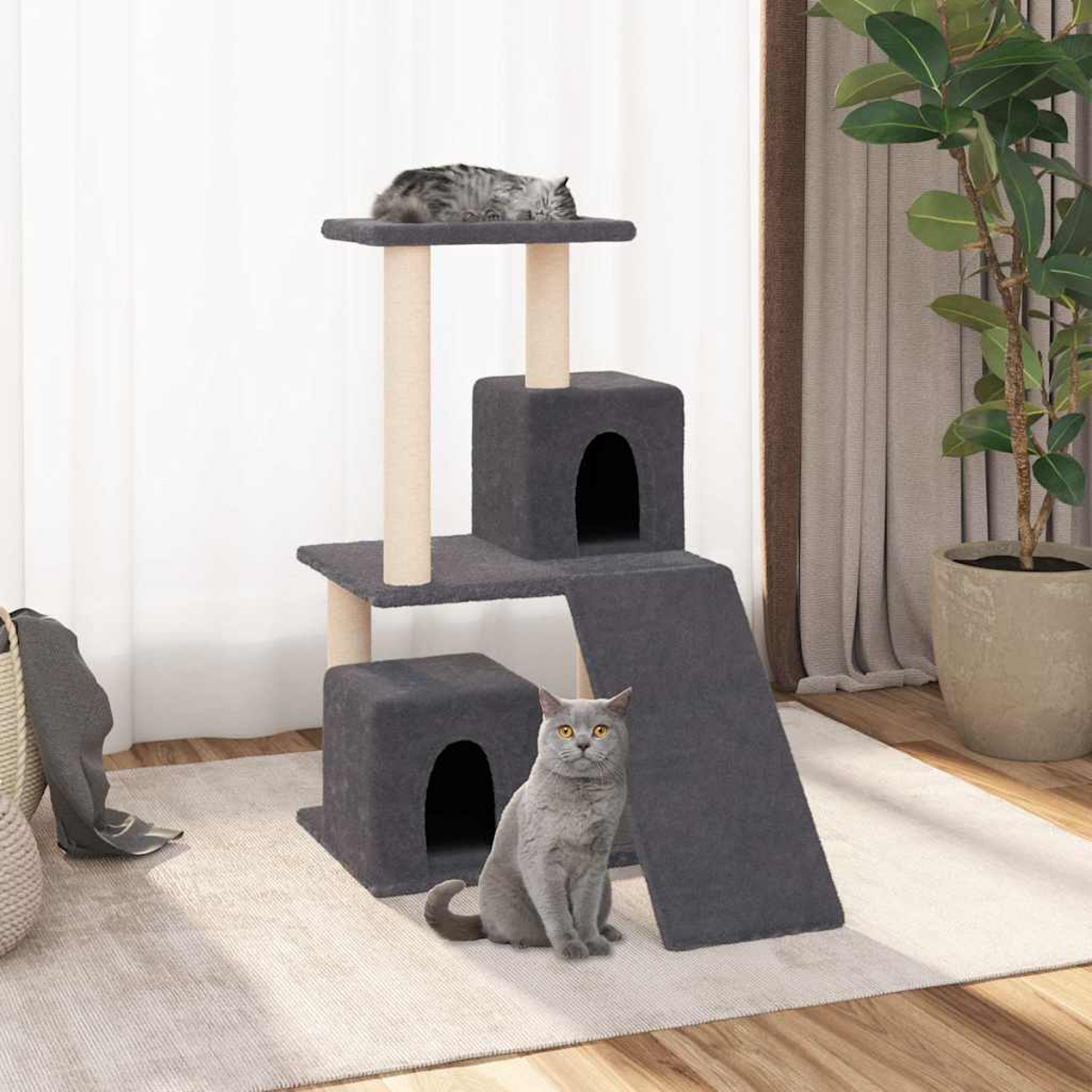 Ein grauer Kater sitzt vor einem Kratzbaum, auf dem eine Katze schläft.