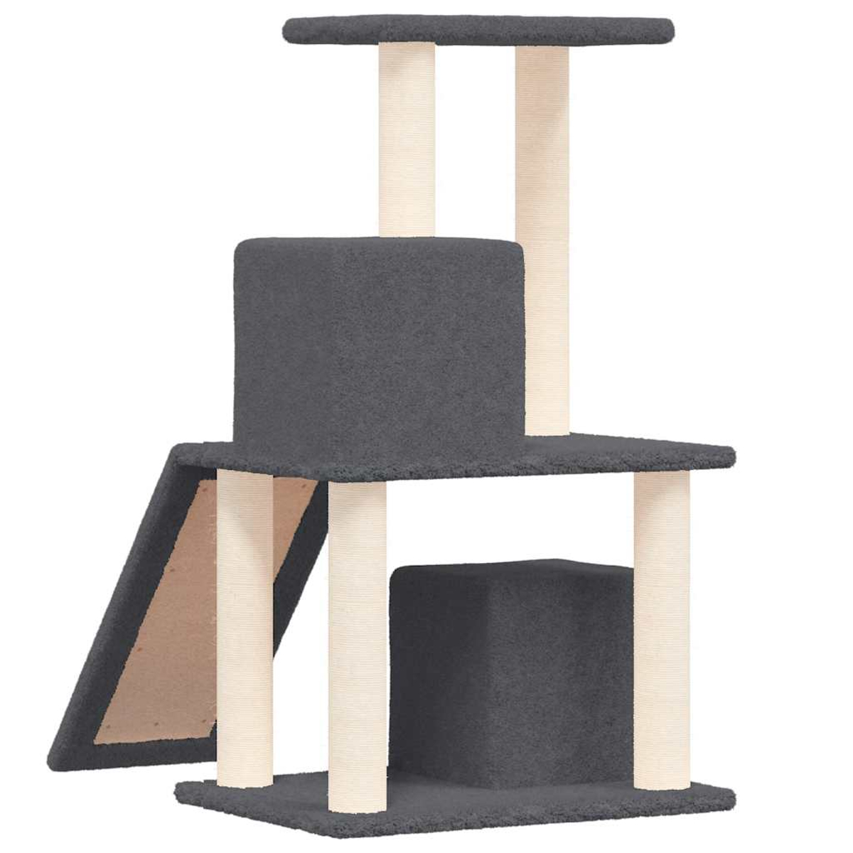 Grauer Kratzbaum mit Plattformen, Würfel und Rampen, bedeckt mit Teppich.