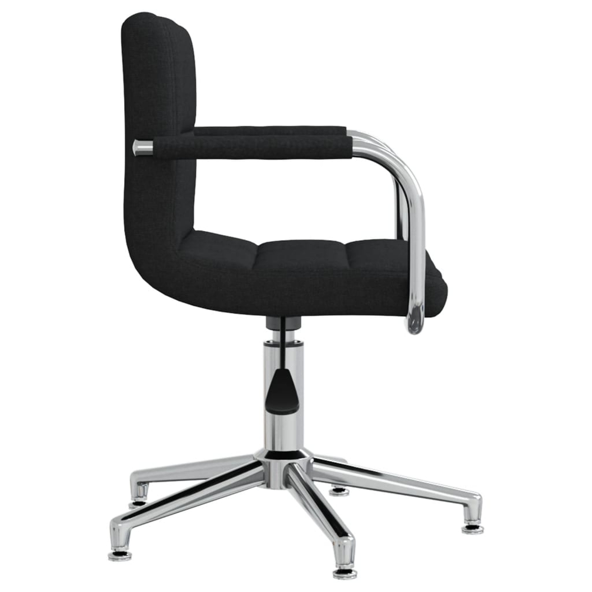 Silla de oficina negra con reposabrazos cromados y base de cinco estrellas.