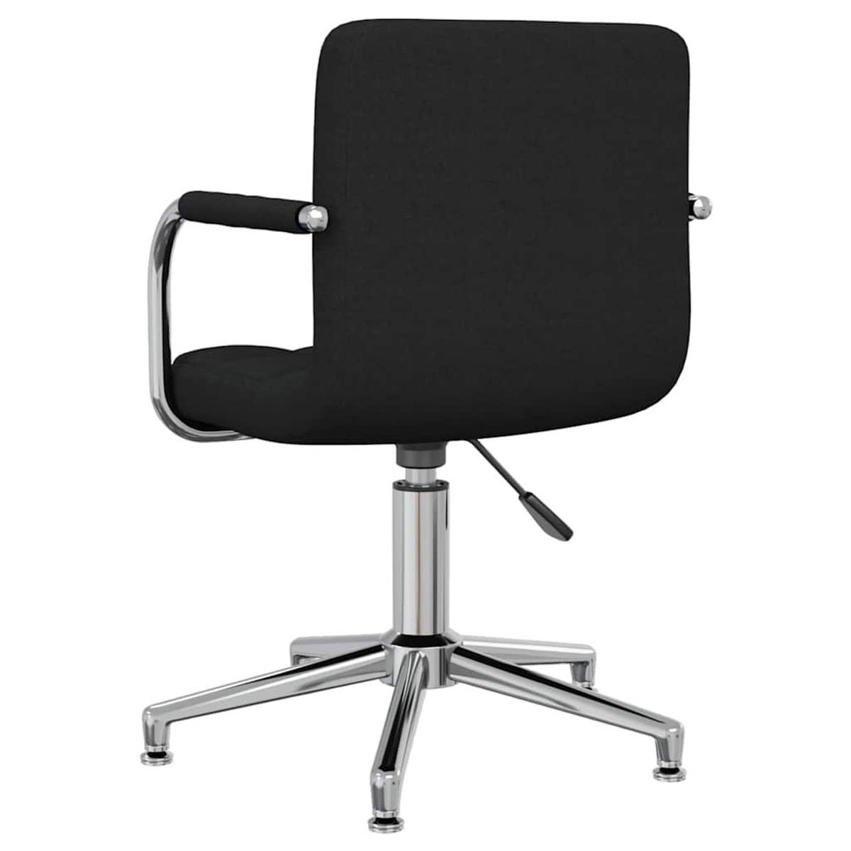 Silla de oficina negra con base y brazos cromados, vista desde atrás.
