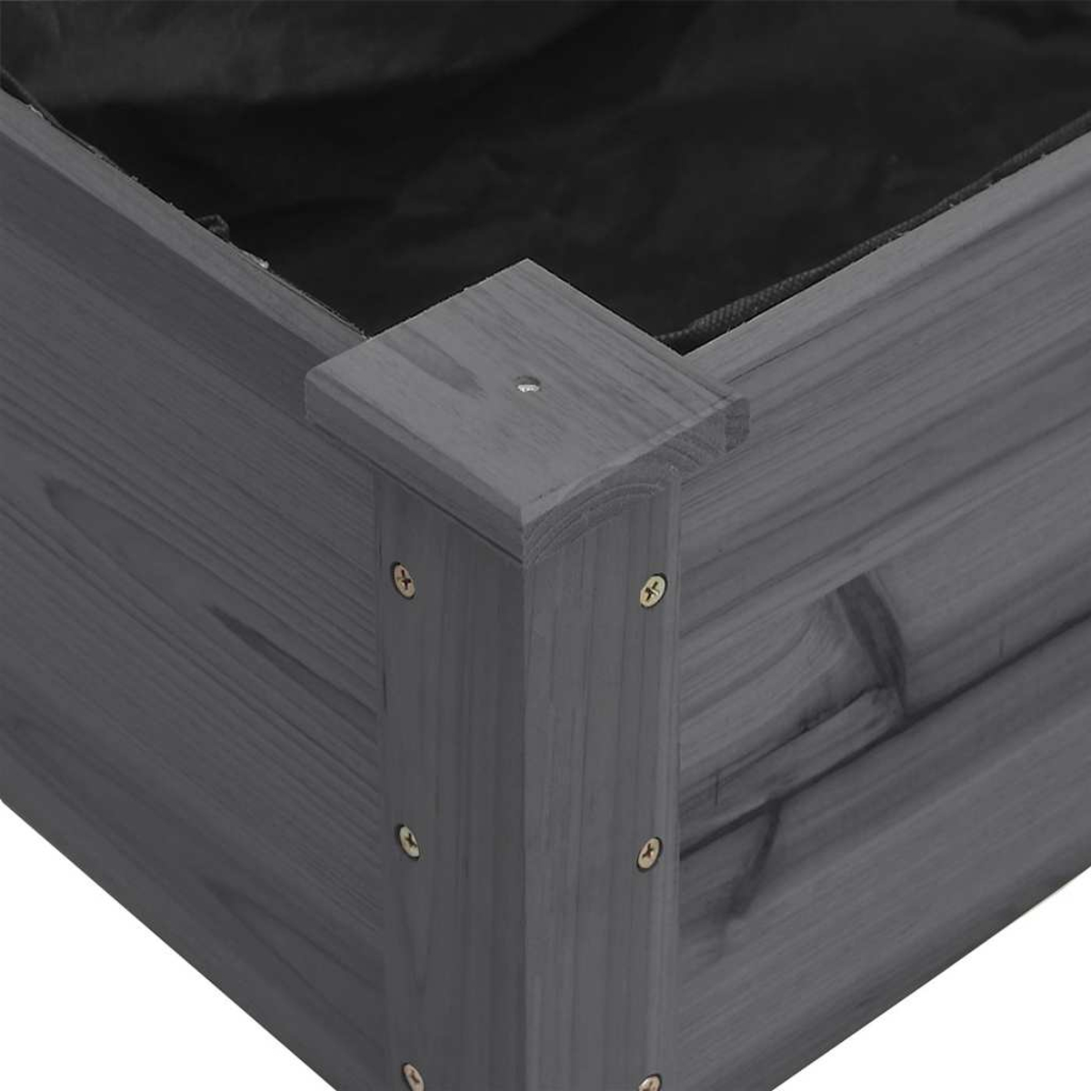 Graue Holzkiste mit schwarzem Einsatz, Nahaufnahme der Ecke.