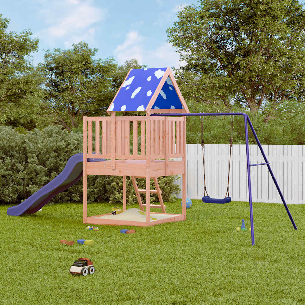 Ein hölzerner Spielturm mit Rutsche, Schaukel und Sandkasten im Garten.