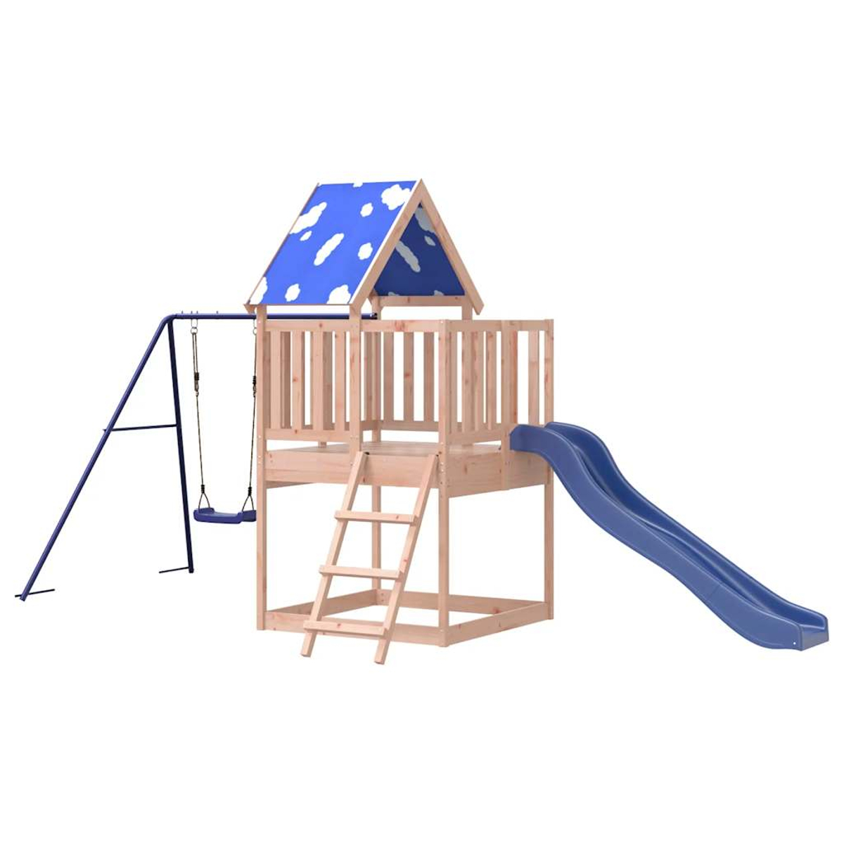 Holzspielturm mit Rutsche, Schaukel, Leiter und blauem Dach mit Wolken.