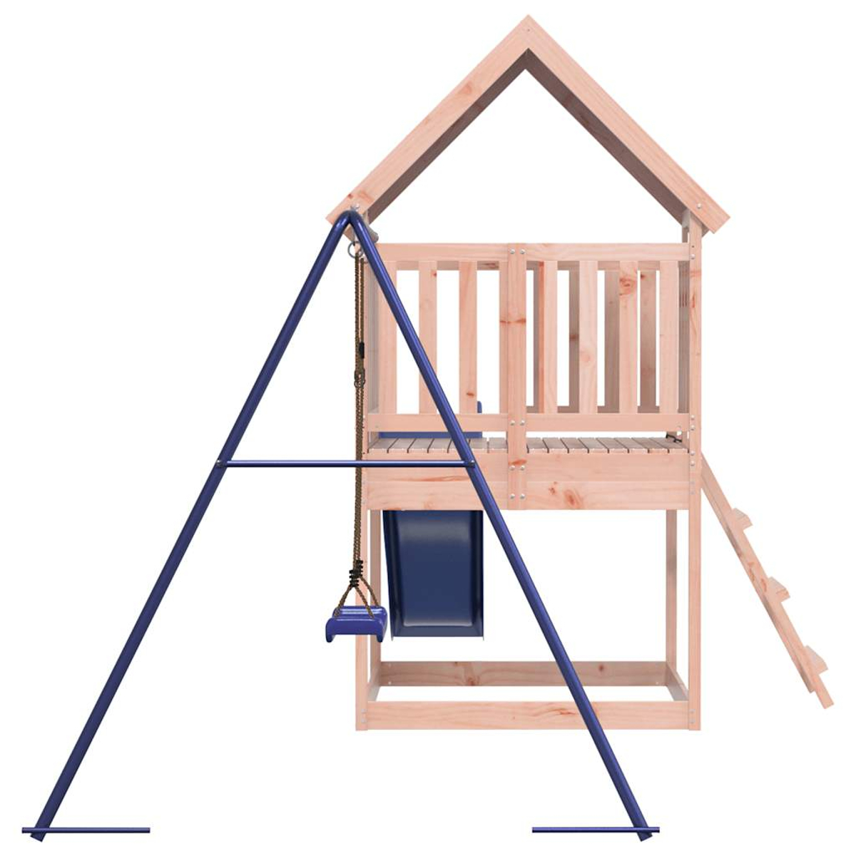Holzspielturm mit Schaukel und Rutsche, blaue Schaukel, Holzgeländer und Leiter.
