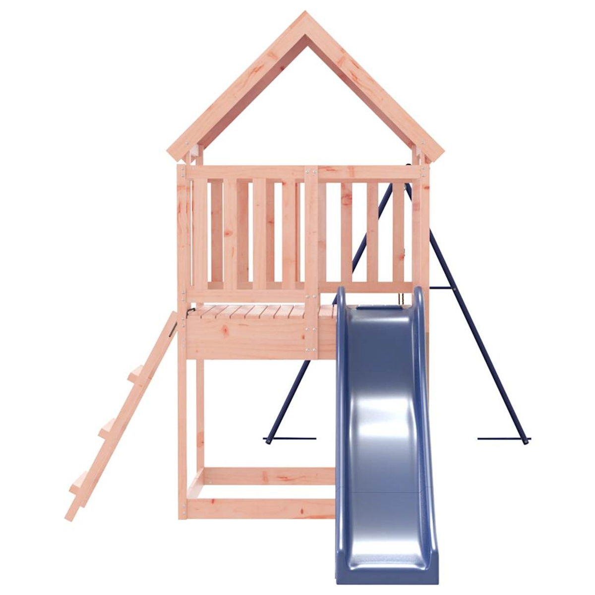 Ein hölzerner Spielturm mit Rutsche, Leiter und Dach.