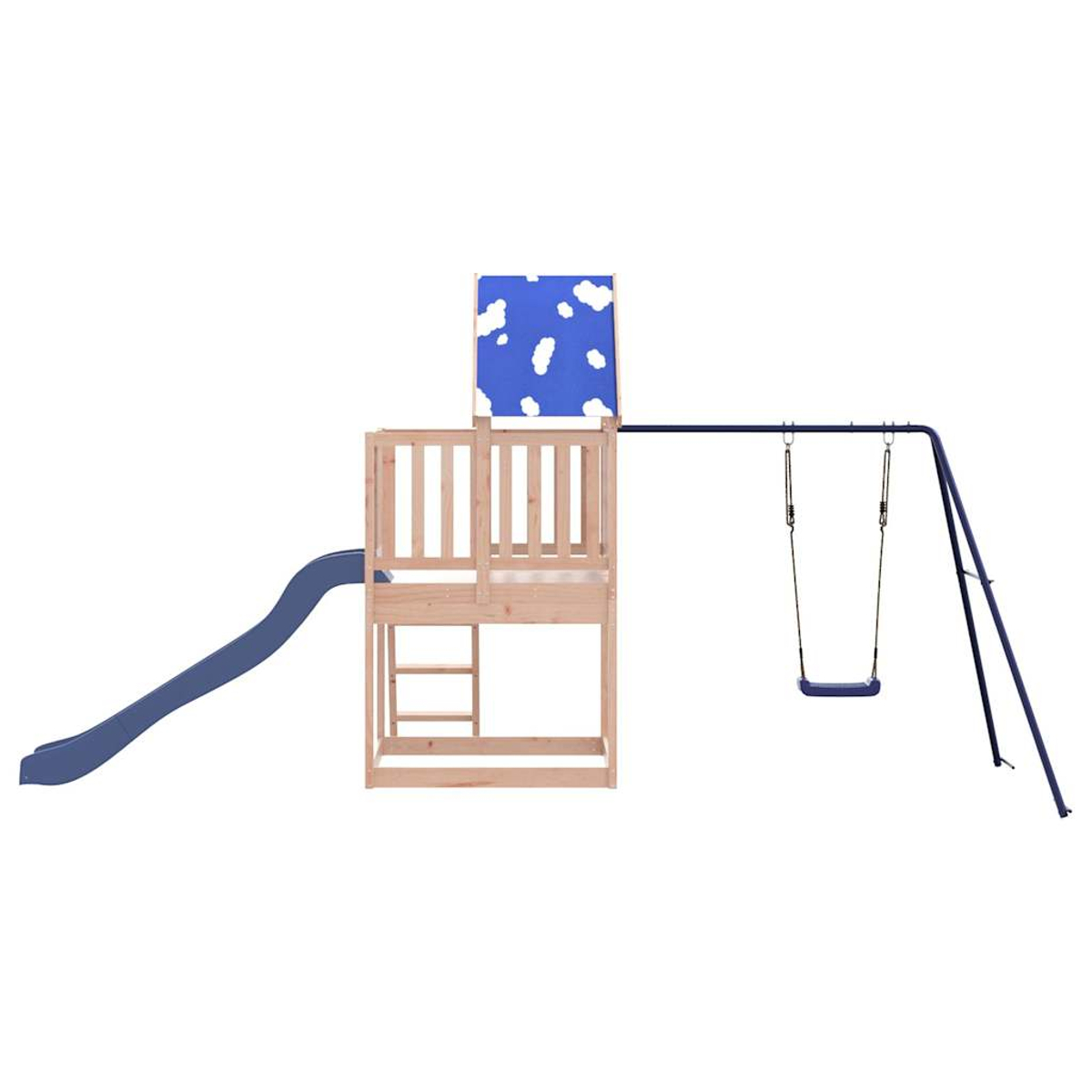 Ein Holzspielturm mit blauer Rutsche und Schaukel.