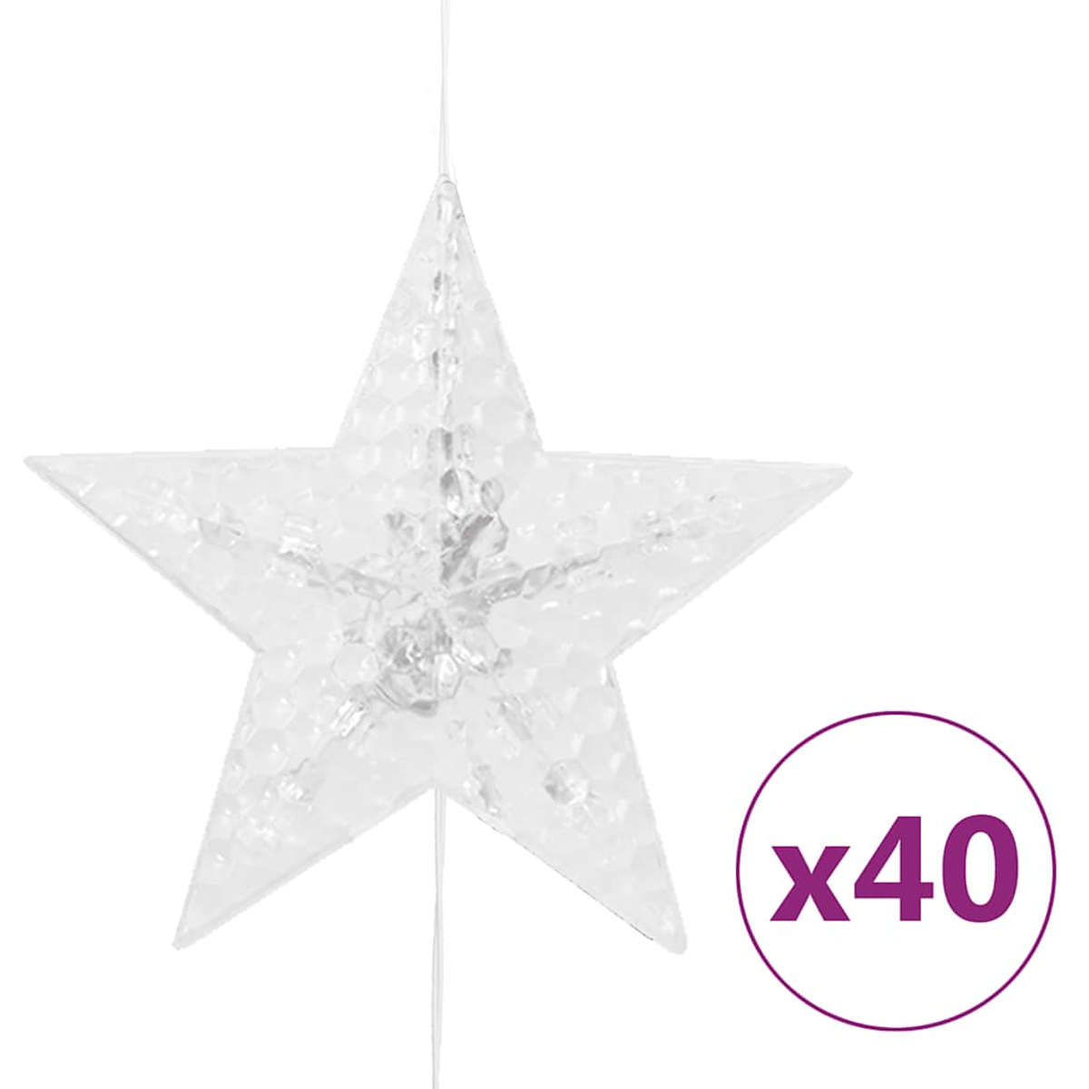 Ein transparenter Stern mit Facetten und Lichtern, daneben ein Kreis mit "x40".