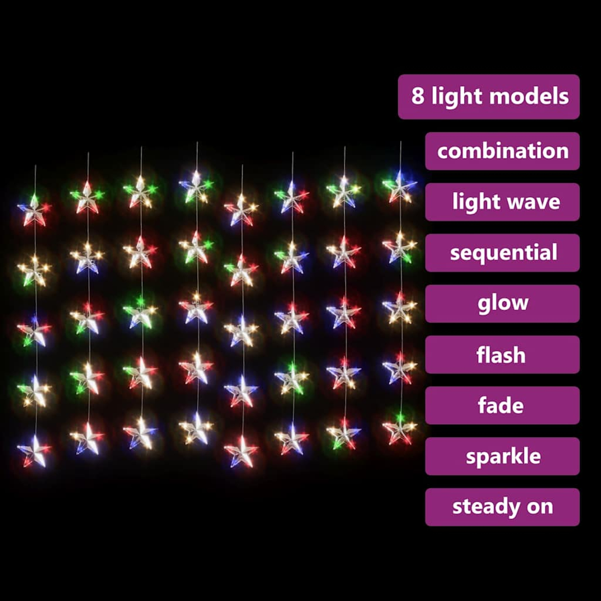 Lichterkette mit Sternen in Rot, Grün und Blau. 8 Lichtmodi.