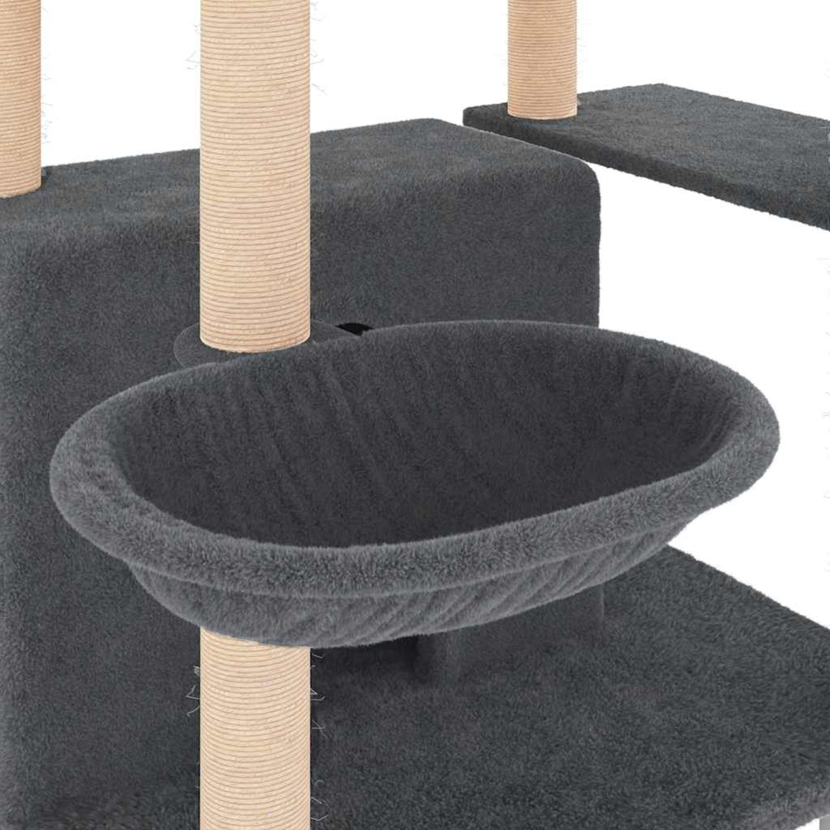 Ein graues Kratzmöbel für Katzen mit Hängematte und Säulen.