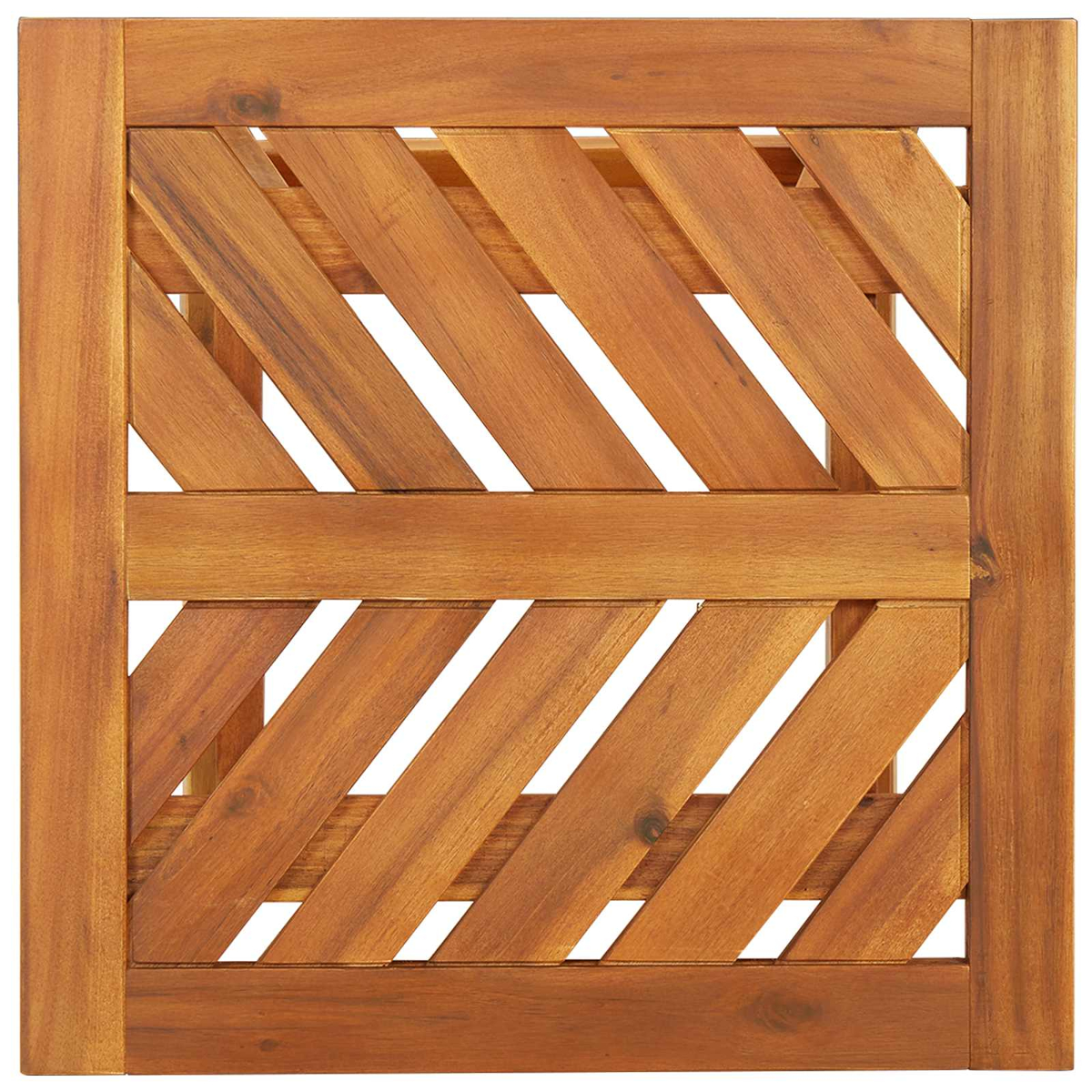 Recinzione in legno con doghe diagonali e cornice rettangolare in legno marrone.