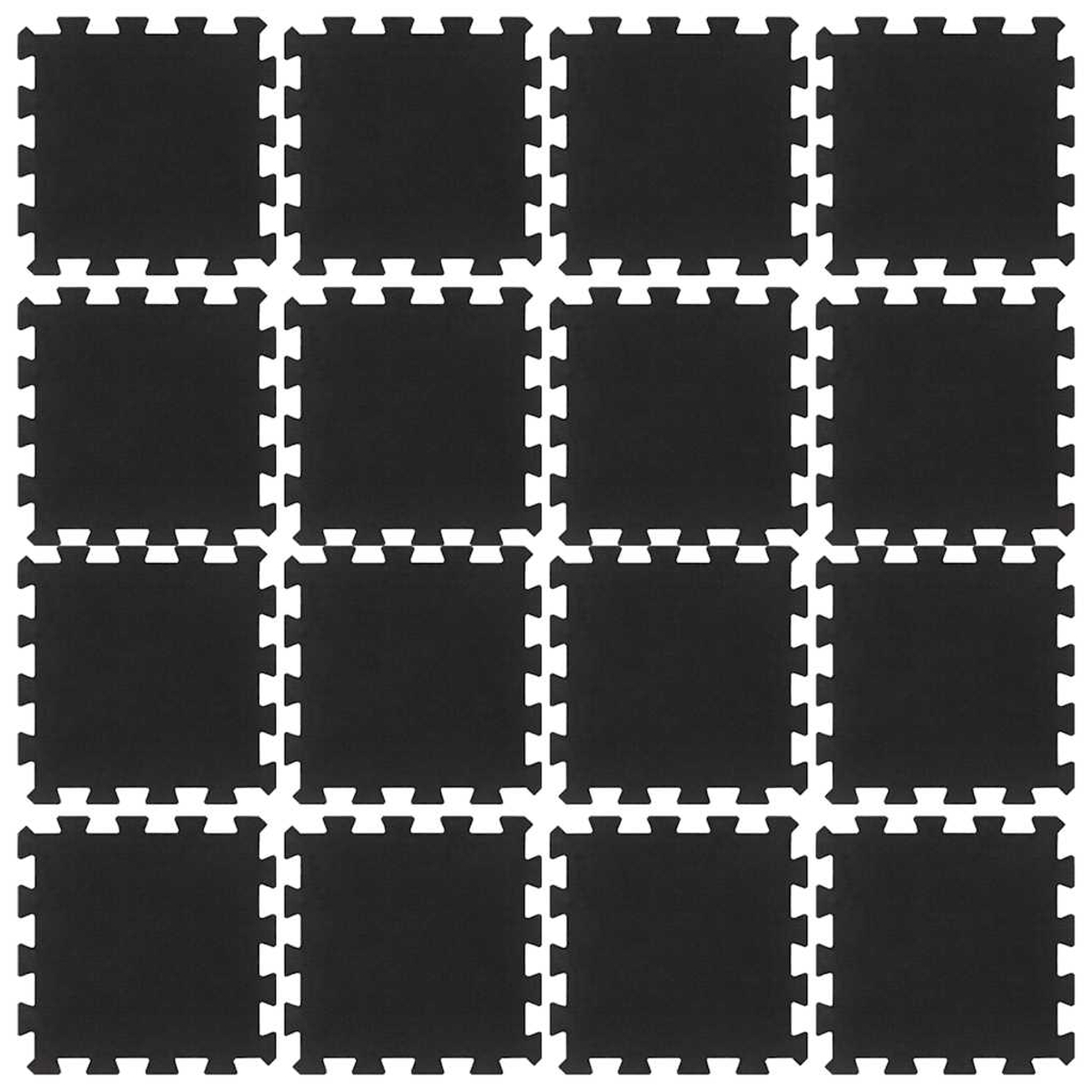 Sechzehn schwarze Puzzlematten bilden ein Gittermuster.