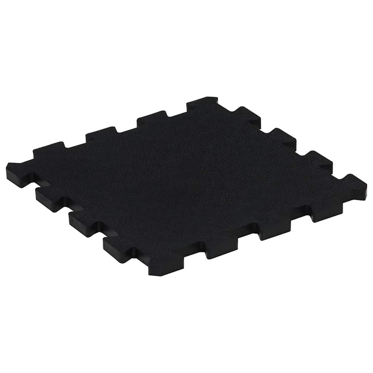 Ein schwarzer Puzzle-Bodenfliese mit gezackten Kanten auf weißem Hintergrund.