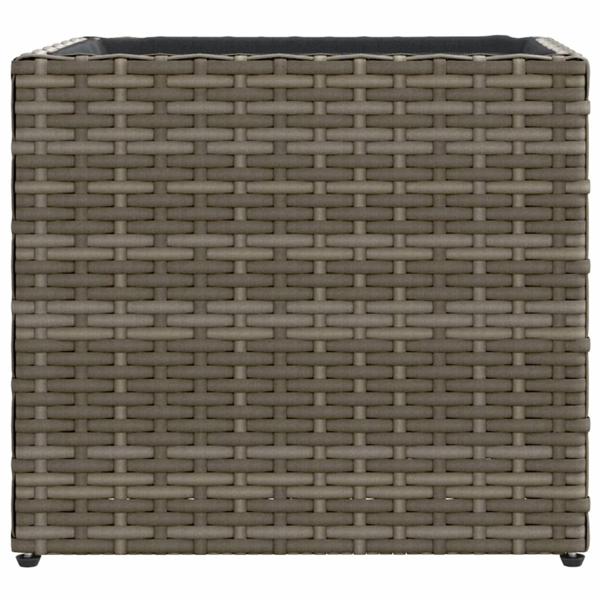 Un fioriera rettangolare in rattan grigio con rivestimento nero.