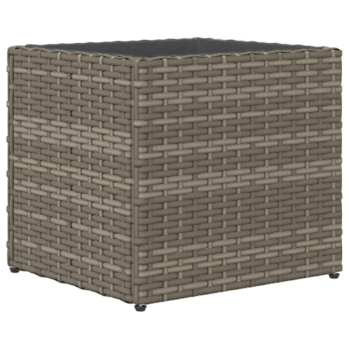 Sgabello cubo in rattan grigio con inserto nero e quattro piedini.