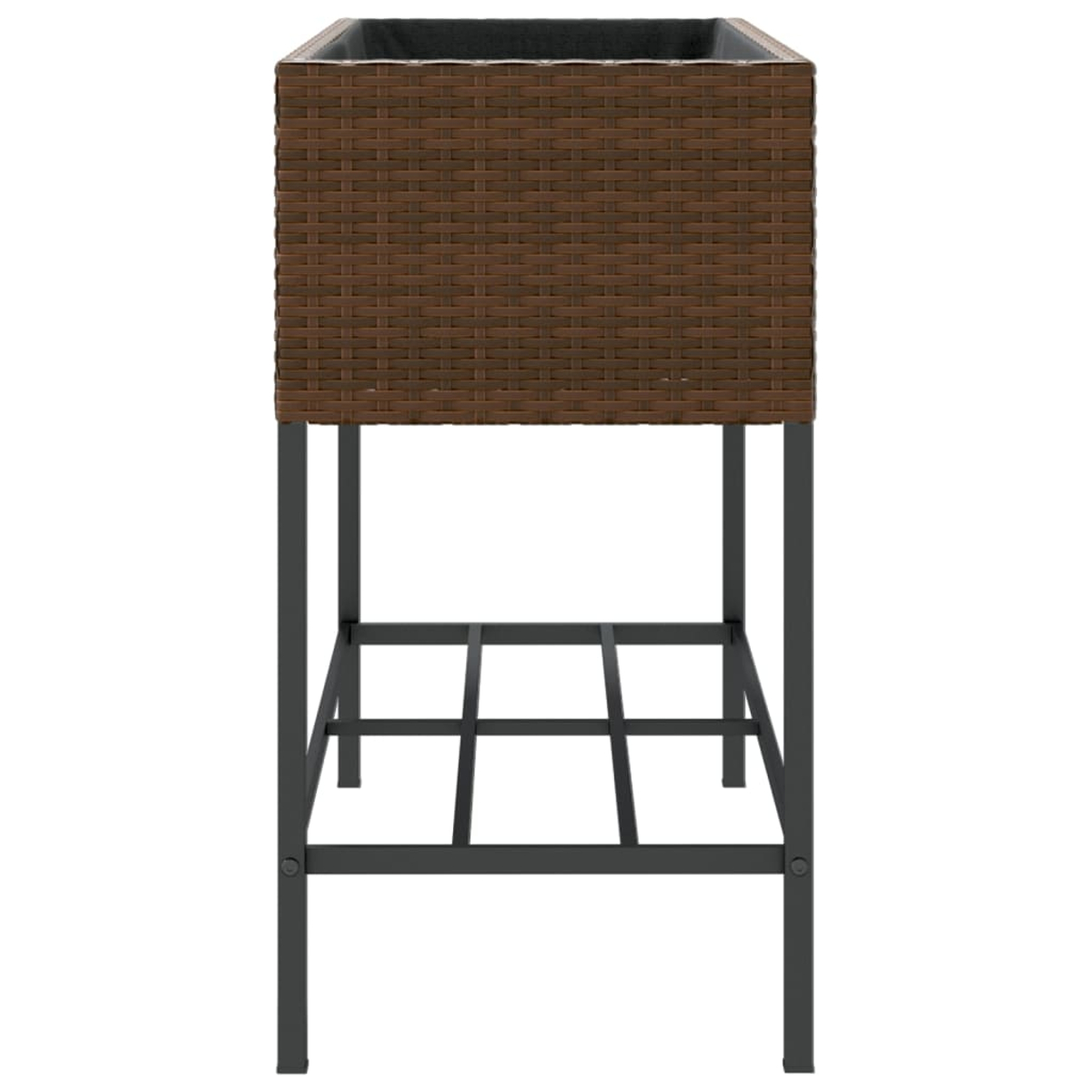 Fioriera in rattan marrone su supporto in metallo nero.