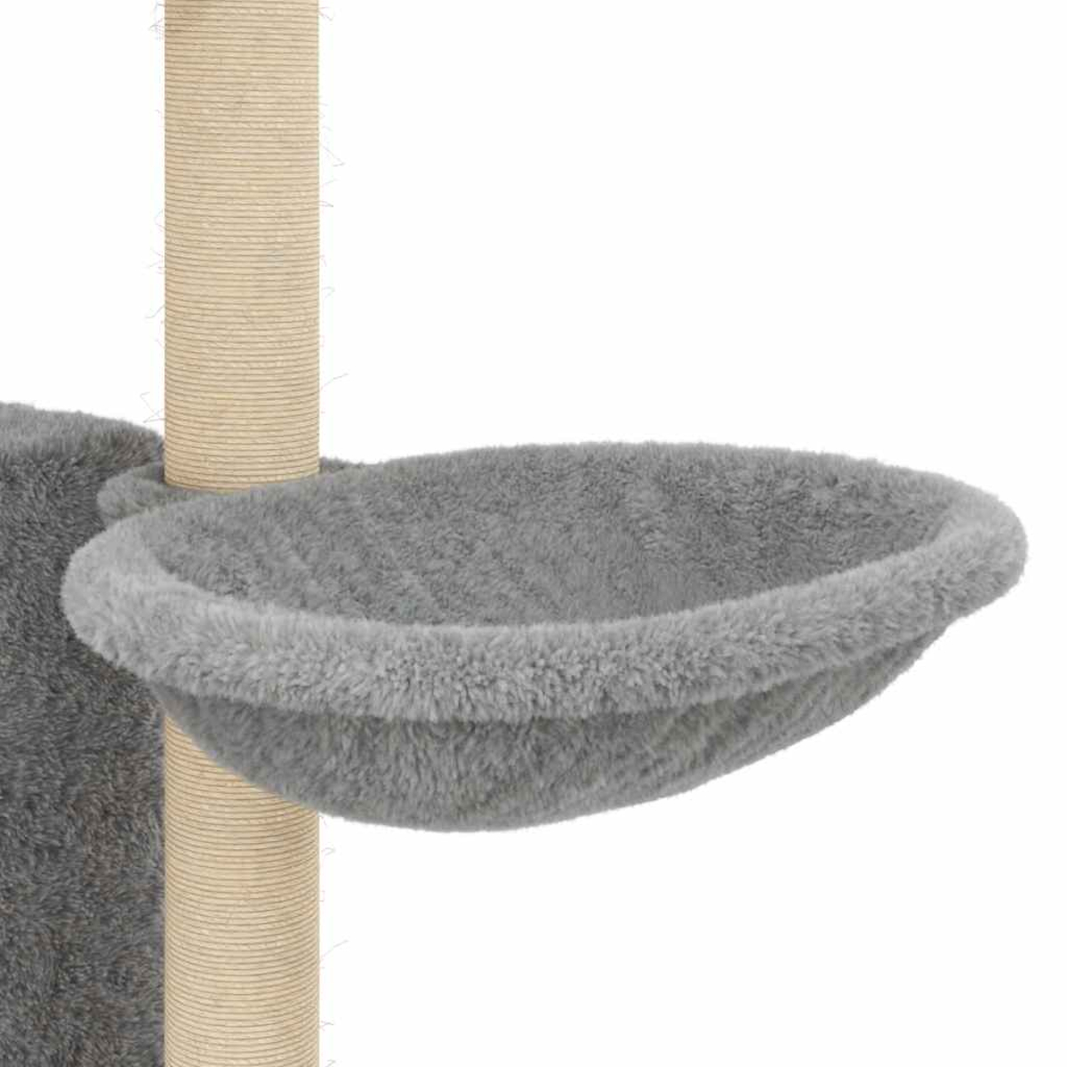 Ein grauer Katzenkorb mit weichem Plüsch an einem mit Seil umwickelten Pfosten.