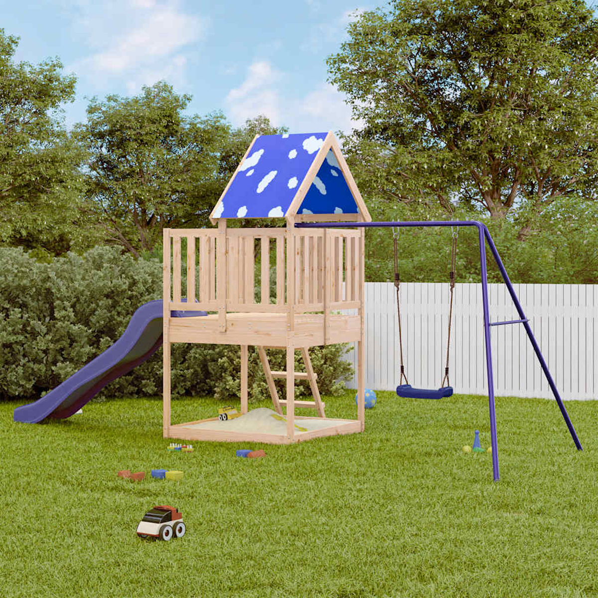 Holzspielturm mit Rutsche, Schaukel und Sandkasten im Garten.