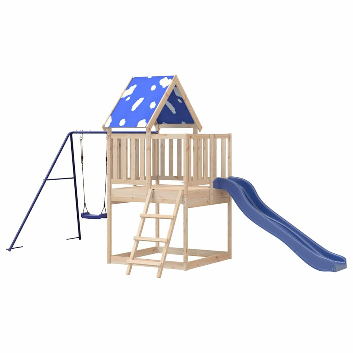 Holzspielturm mit Rutsche, Schaukel, Leiter und blauem Dach mit Wolkenmuster.