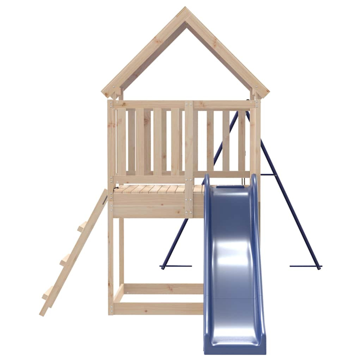 Holzspielturm mit Rutsche und Leiter.