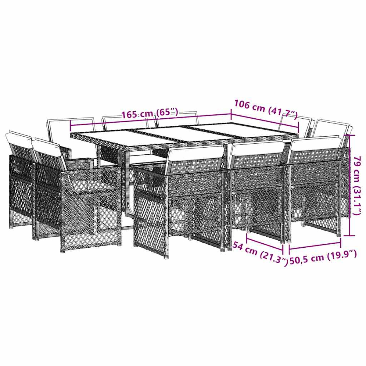 Ein Rattan-Gartenmöbelset mit Tisch und acht Stühlen, Maße in cm und Zoll.