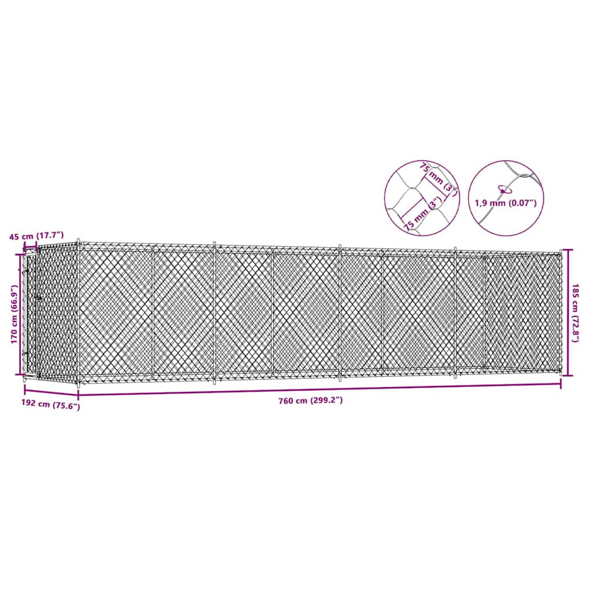 Gitterzaun mit Maßen: 760 cm L, 185 cm H, 45 cm T. Detailansichten von Maschenweite.