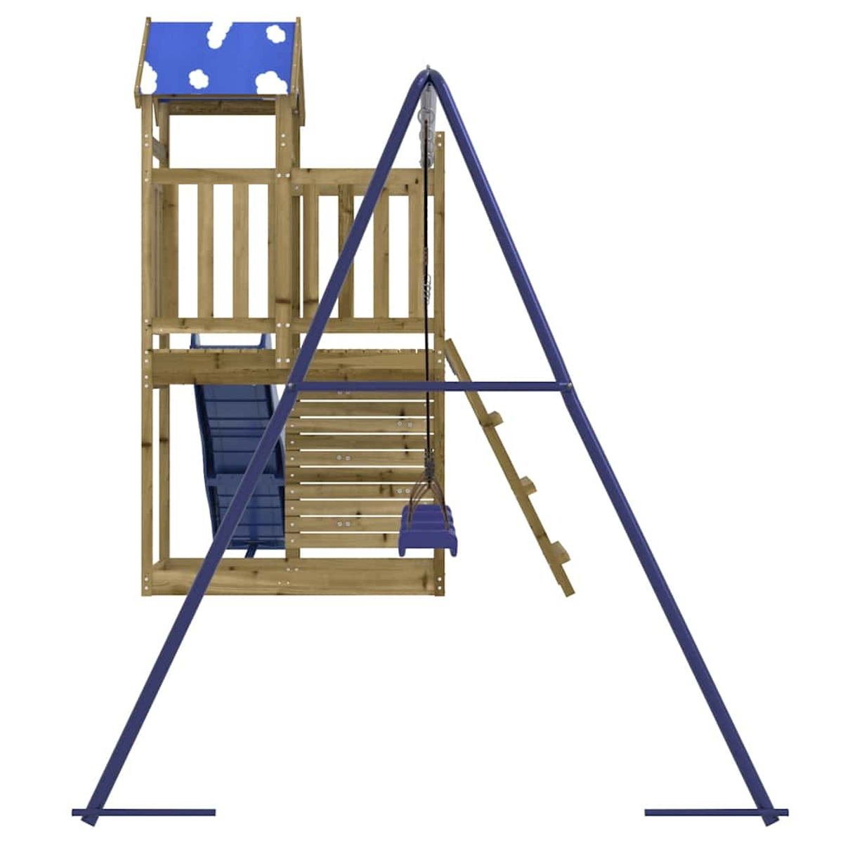Holzspielplatz mit blauer Rutsche, Schaukel und Wolkendach.