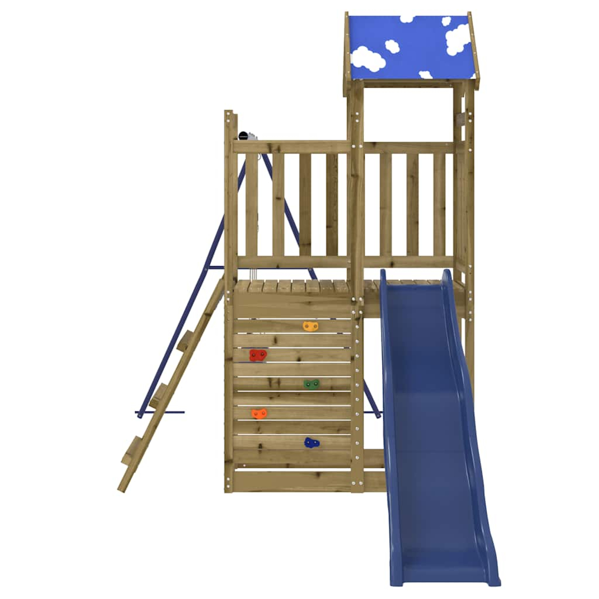 Ein hölzerner Spielturm mit Rutsche, Kletterwand und Leiter.