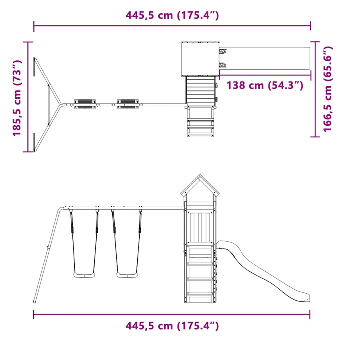 Set da gioco con altalene e scivolo, dimensioni 445,5x185,5x166,5 cm.