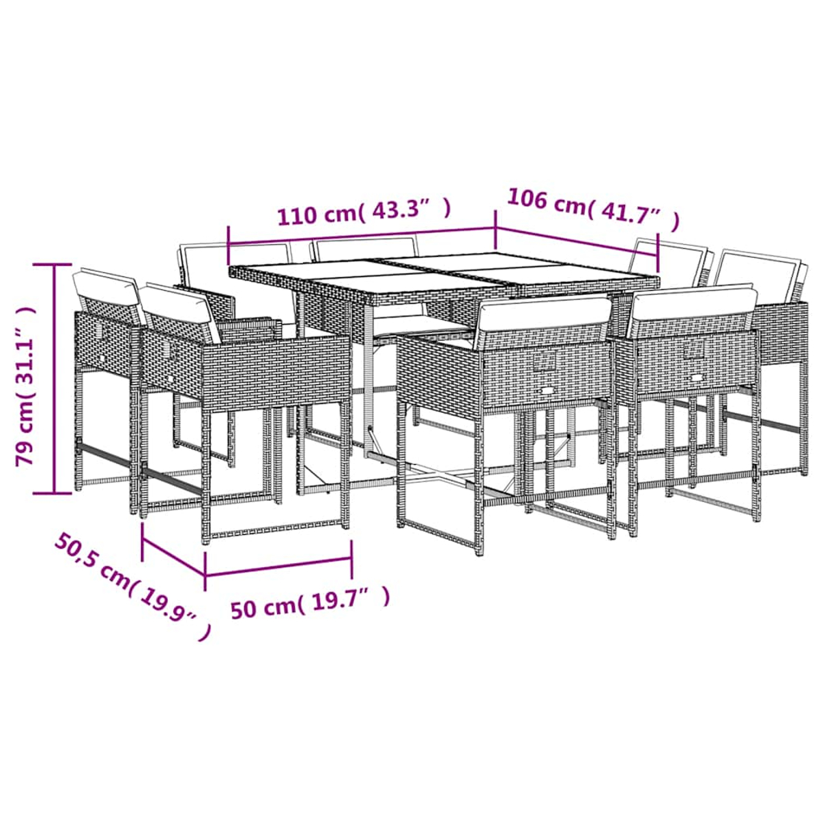Geflochtenes Tisch- und Stuhlset mit Maßen. Hohe Stühle und ein rechteckiger Tisch.