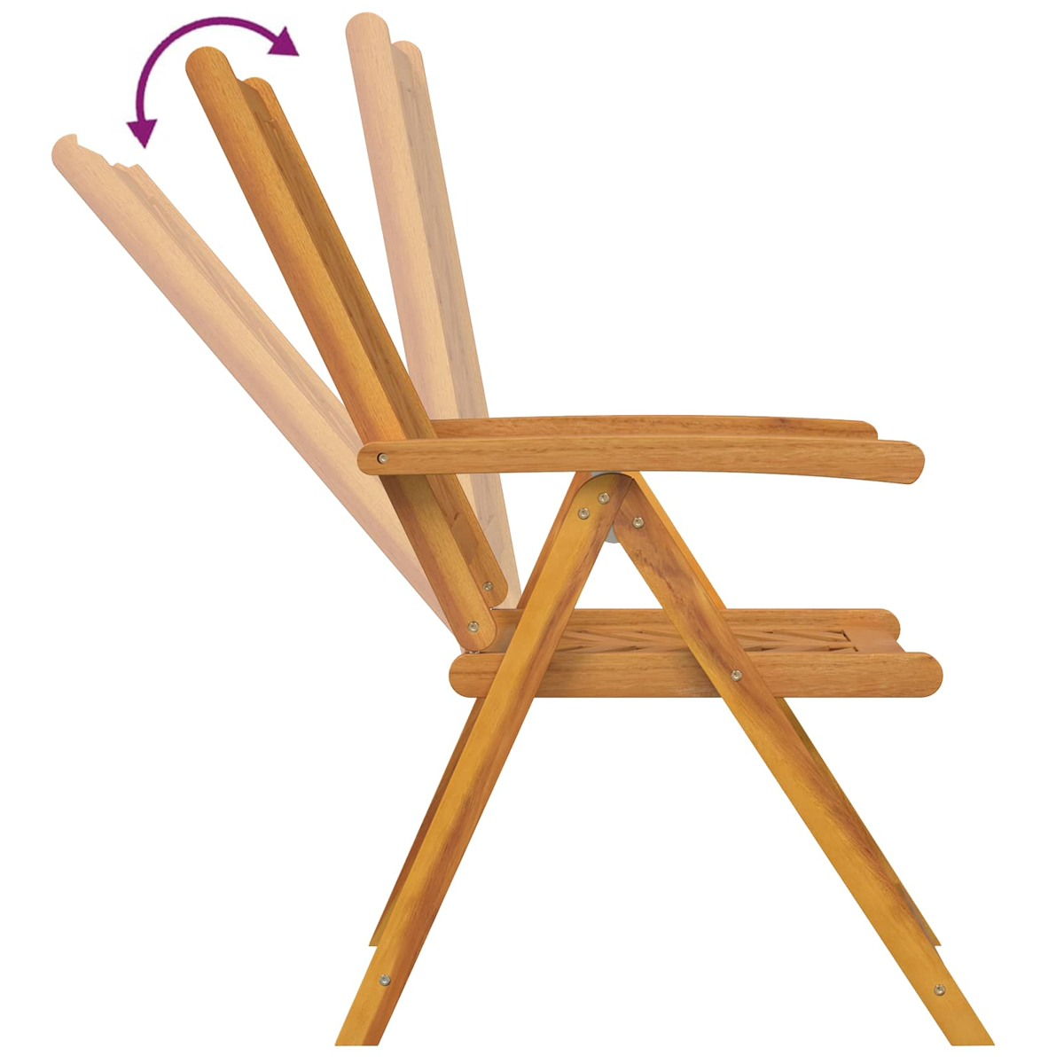 Holzstuhl mit verstellbarer Rückenlehne, Pfeil zeigt Neigung.