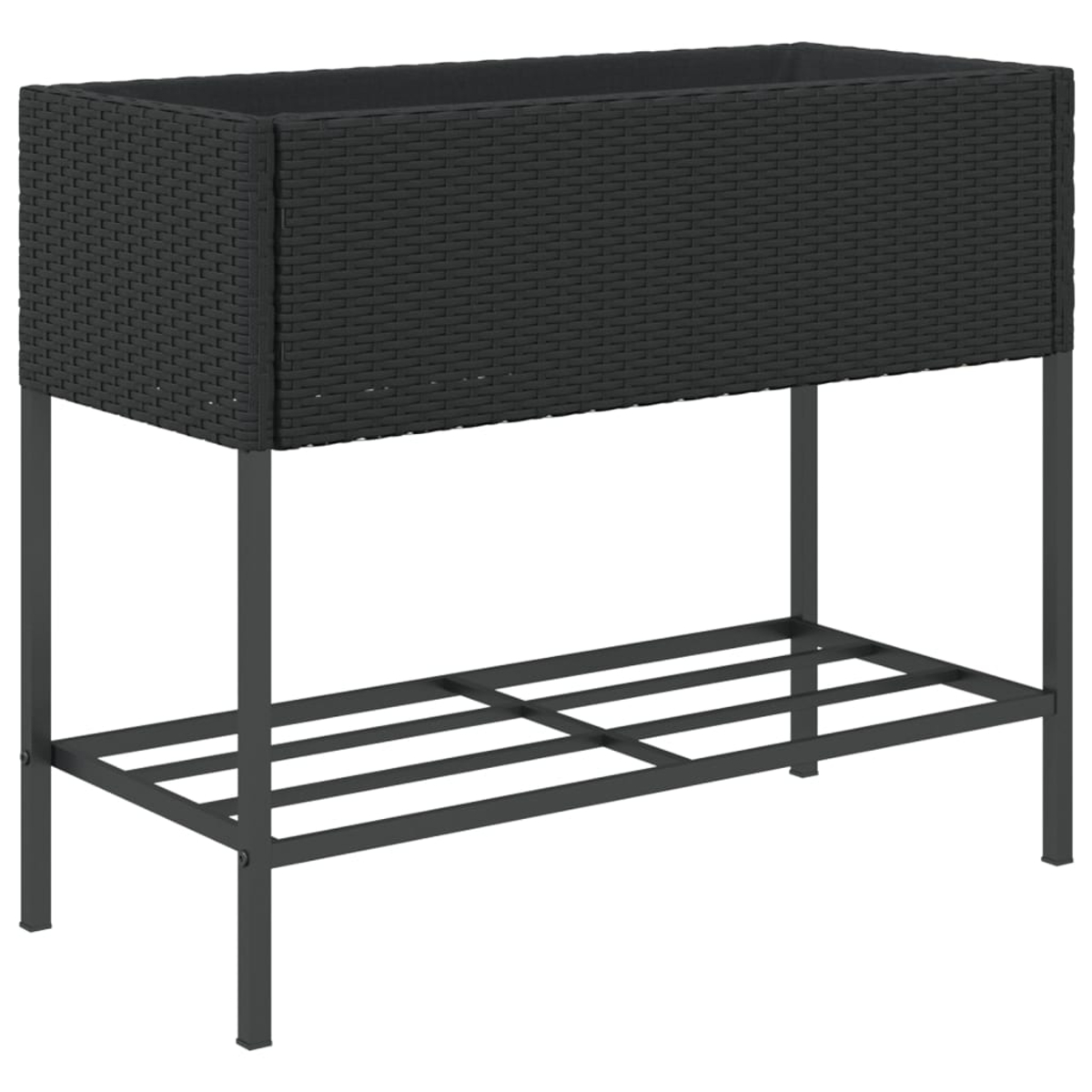 Una fioriera rialzata scura effetto rattan su telaio metallico con ripiano.