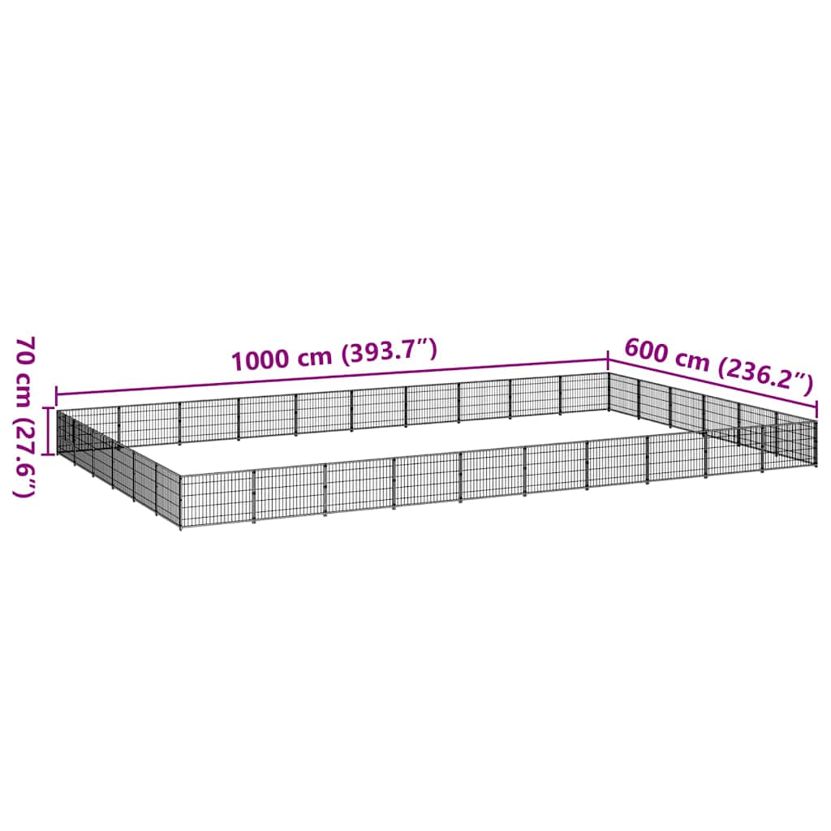 Schwarzer Metallzaun, 1000cm lang, 600cm breit, 70cm hoch.