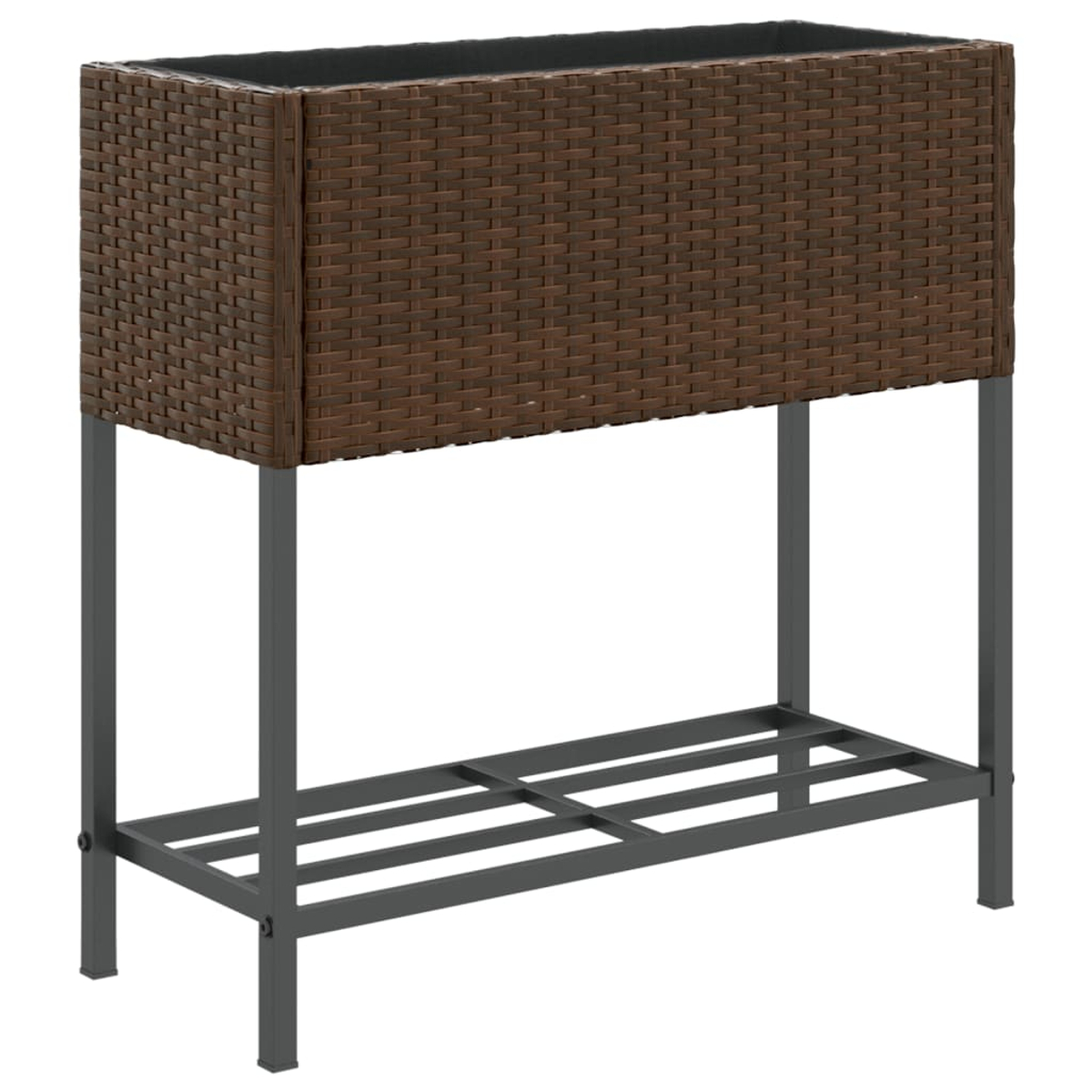 Fioriera in rattan marrone su supporto metallico grigio.