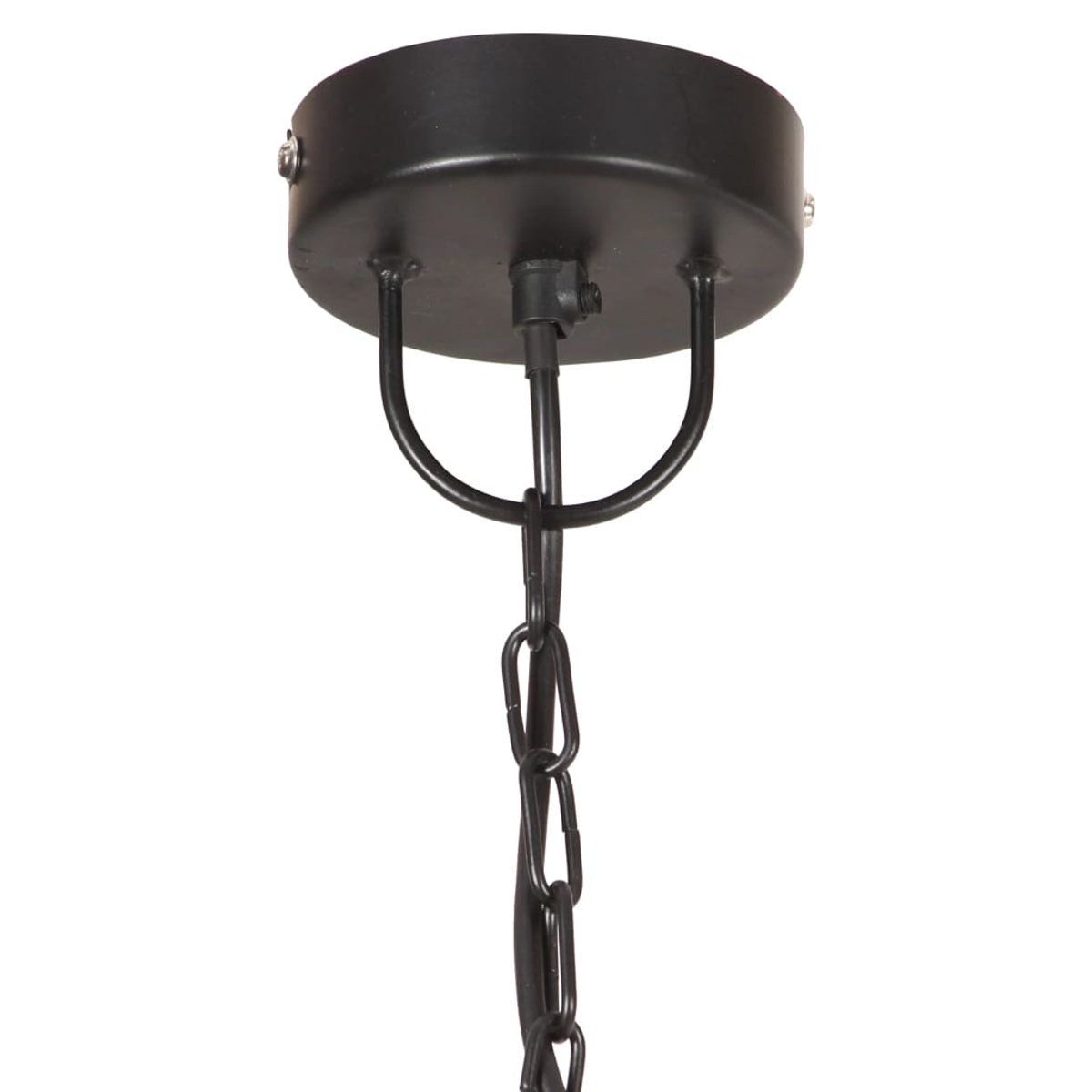 Schwarze Deckenhalterung mit Kette für eine Lampe, isoliert auf weißem Hintergrund.