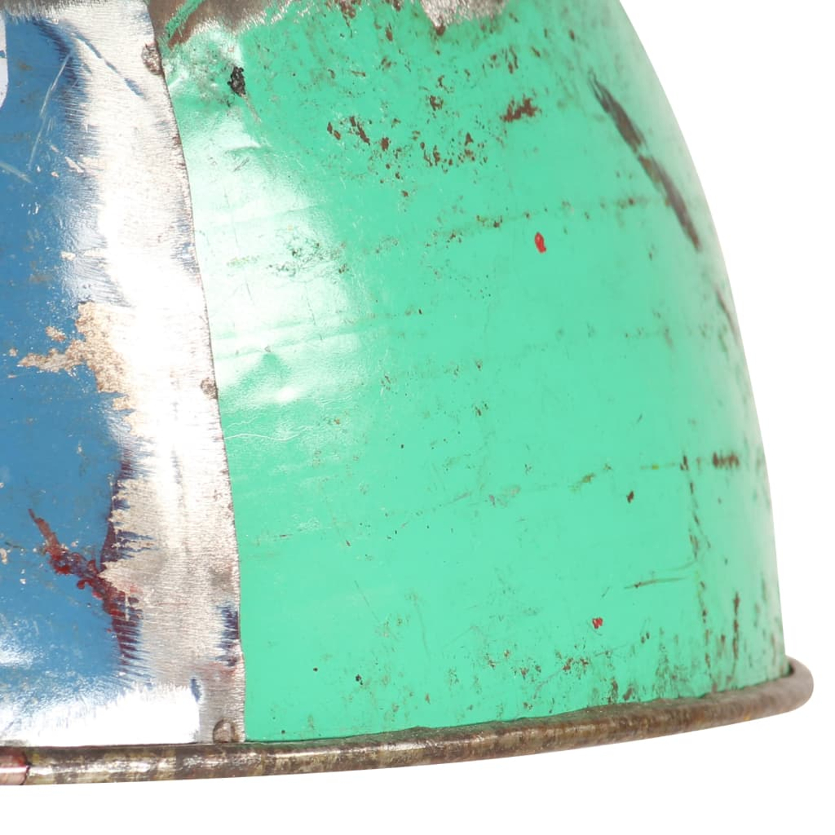 Eine Nahaufnahme eines grünen und blauen Metallbehälters mit Rostflecken.