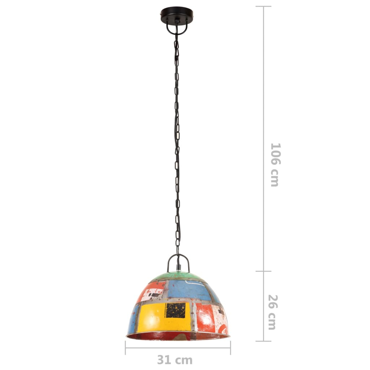 Bunte Hängelampe mit Metallkette, 31cm breit, 26cm hoch.