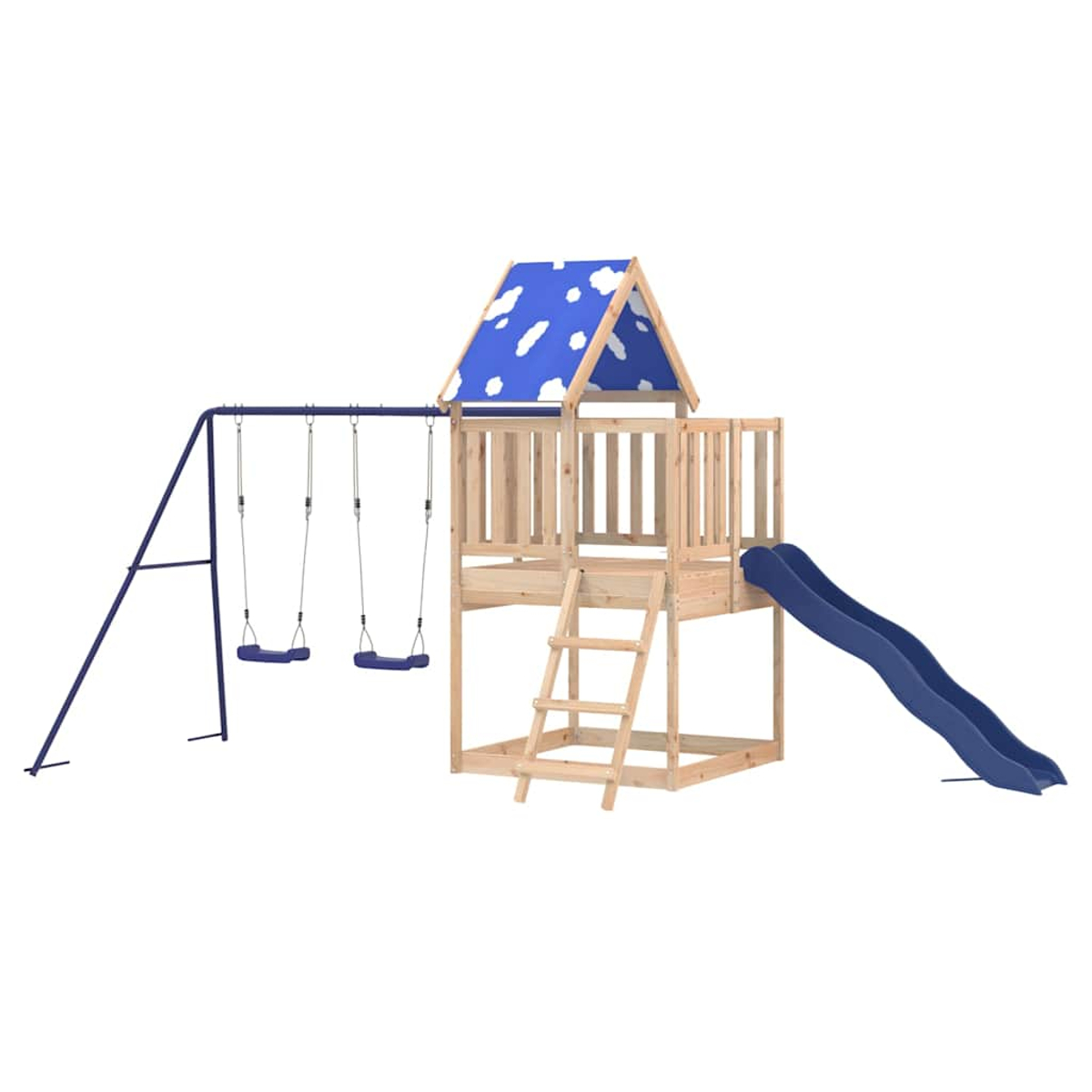 Holz-Spielturm mit Schaukeln, Leiter und blauer Rutsche unter blauem Himmel-Dach.