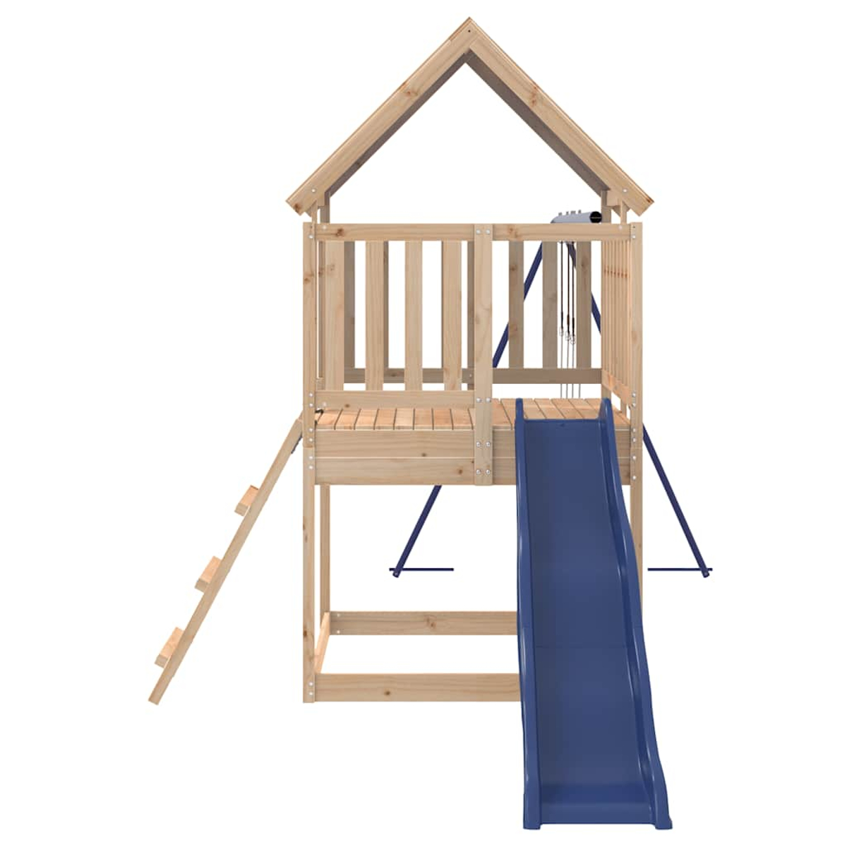 Holzspielturm mit Rutsche, Leiter und Dach.